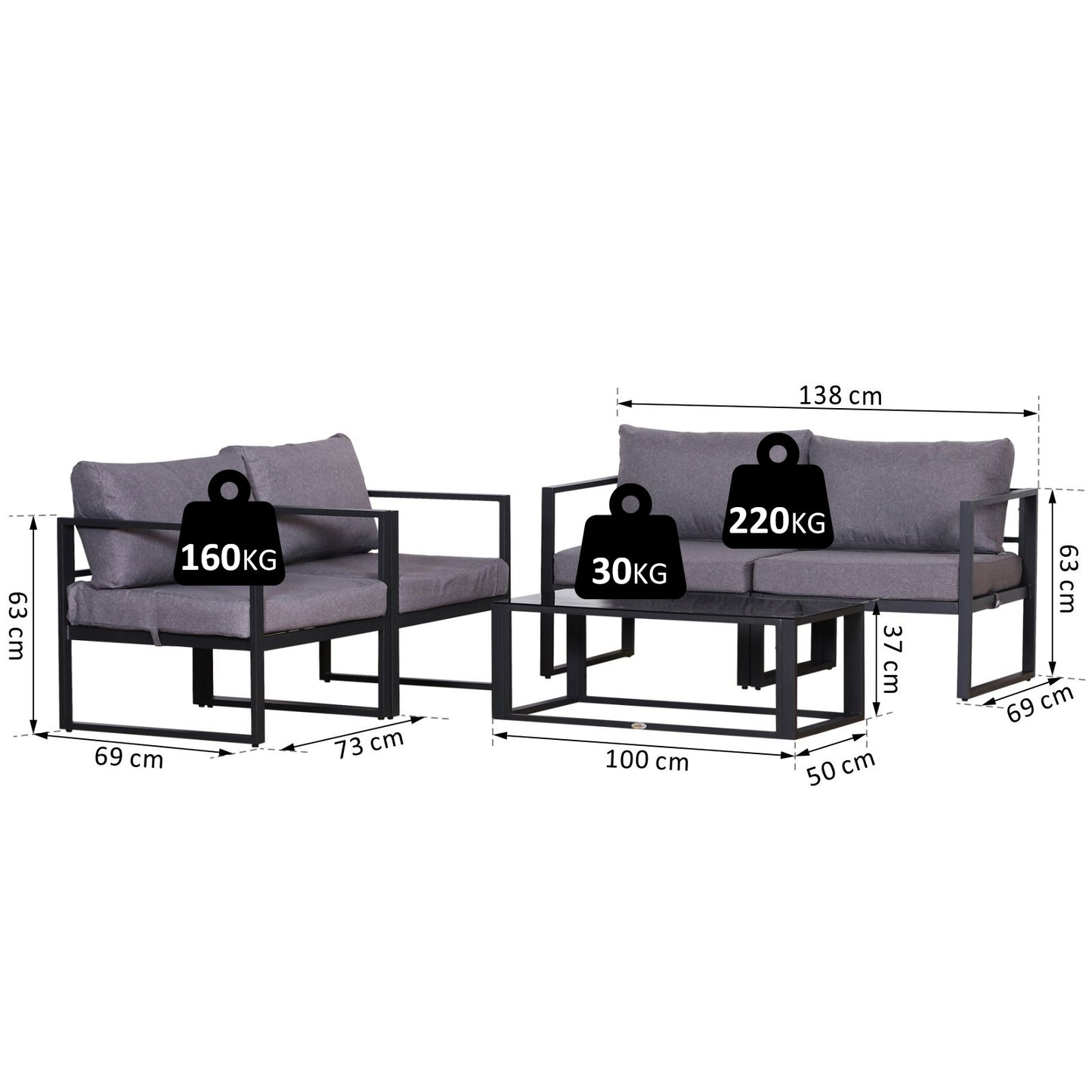 Outsunny Aluminium Frame Outdoor Garden Double & Single Sofa Furniture Set w/ Table Grey