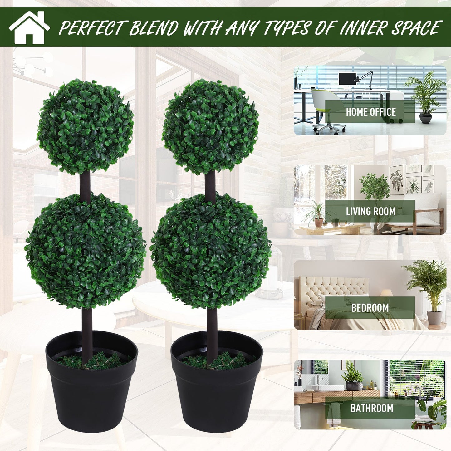 Outsunny PE Set of 2 Artificial Boxwood Ball Topiary Plant Tree's Green
