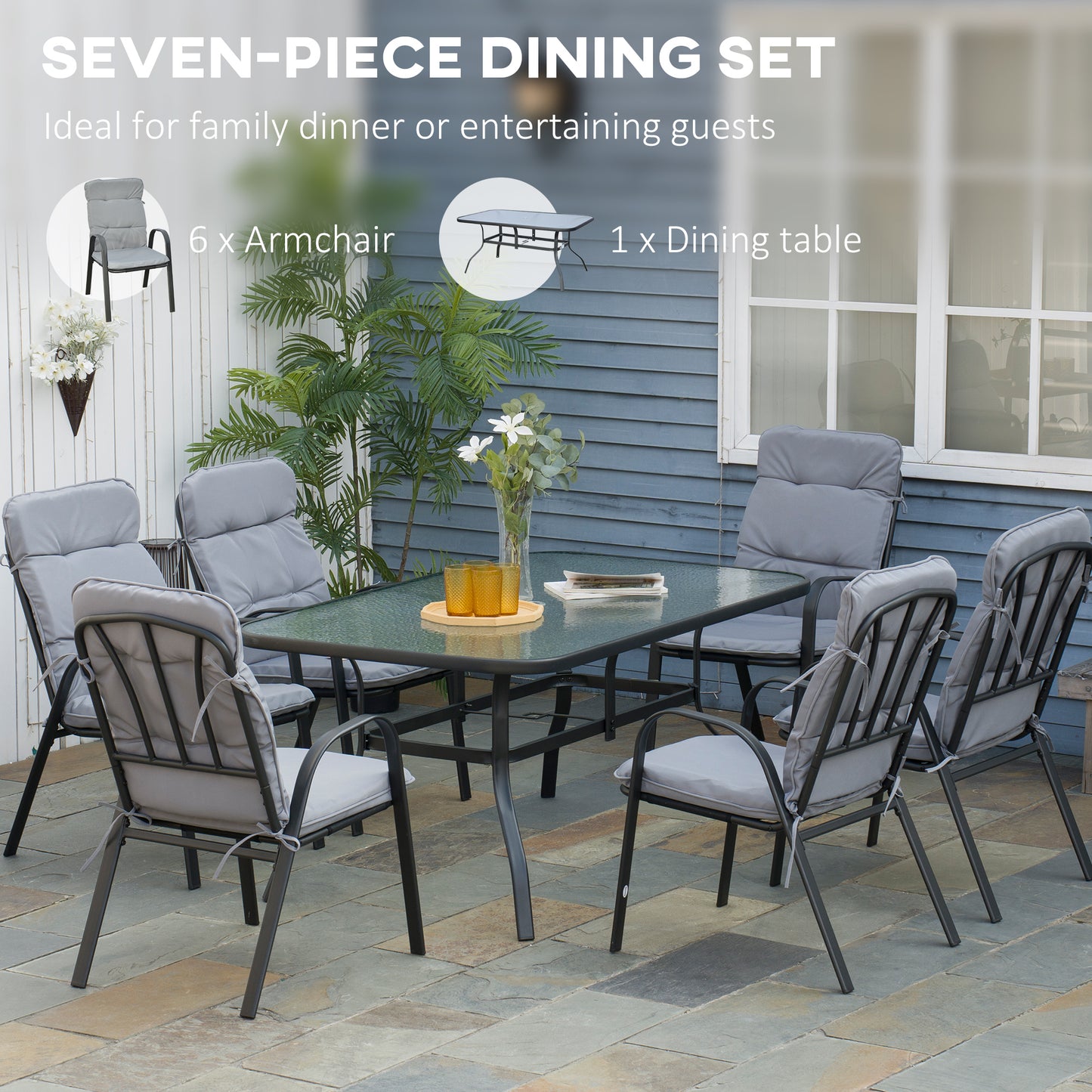 Outsunny 7Pieces Garden Dining Set, Outdoor Dining Table and 6 Cushioned Armchairs, Tempered Glass Top Table w/ Umbrella Hole, Texteline Seats, Black