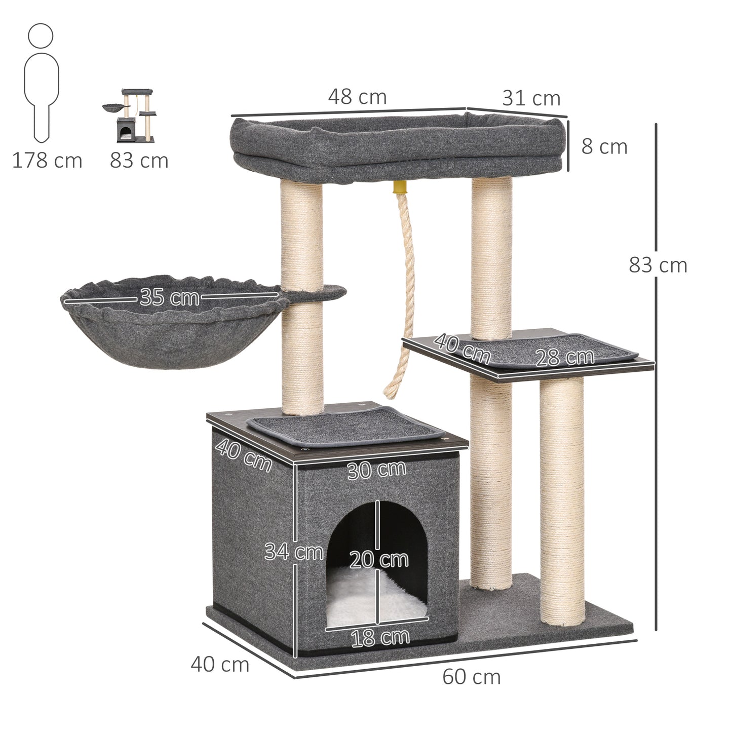 PawHut Cat Tree with Sisal Scratching Post Bed Condo Perch Teasing Rope Dark Grey