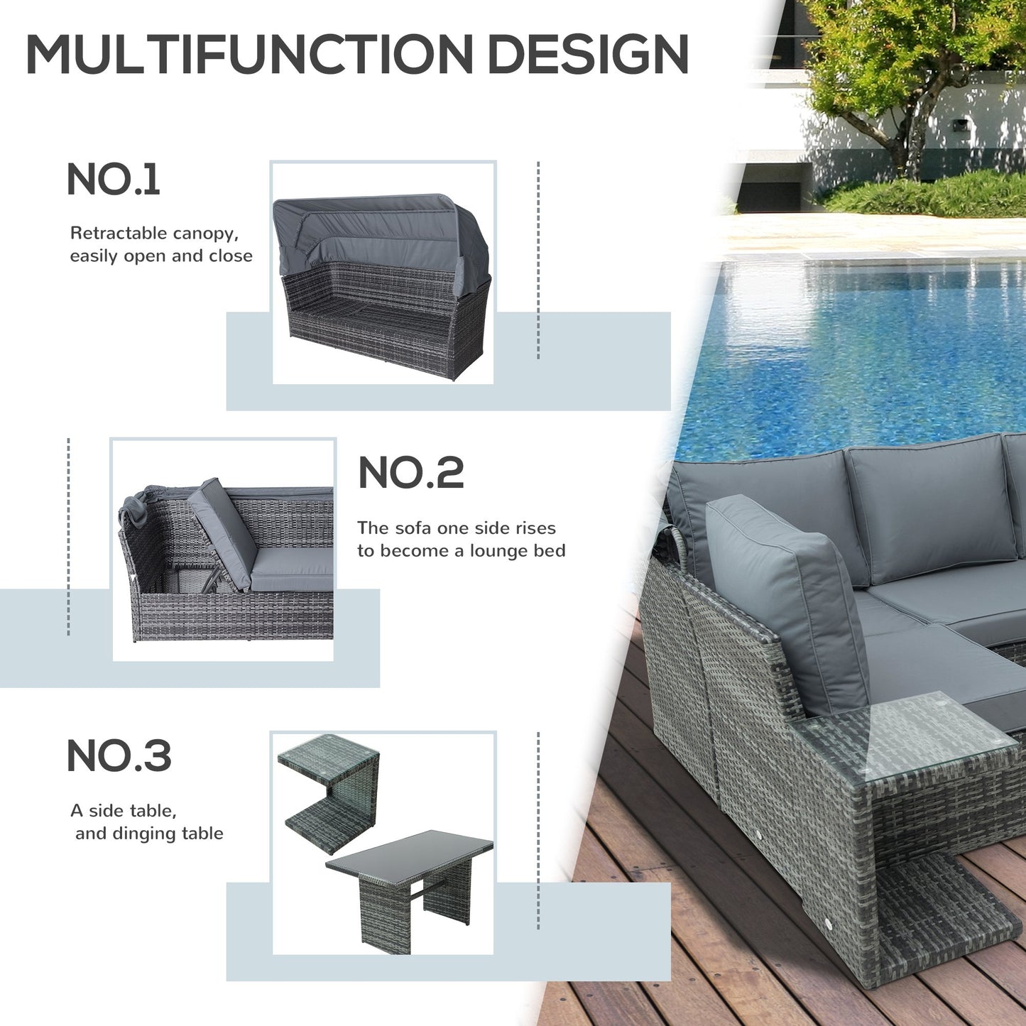 Outsunny 5 PCS Outdoor Rattan Sofa Sets Reclining Adjustable Canopy Side Dining Table with Cushions