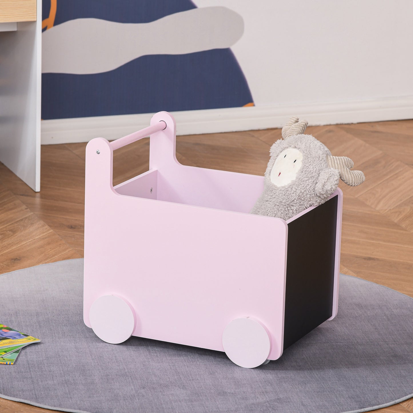 HOMCOM Kids Toys Storage Cabinet Removeable Rolling Storage Baskets on Wheels, Pink