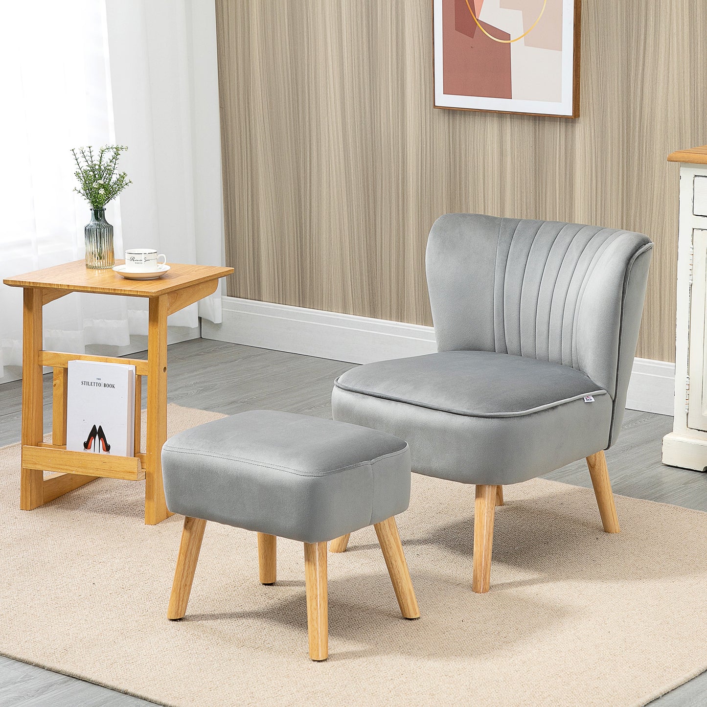 HOMCOM Velvet-Feel Tub Chair and Footstool - Grey