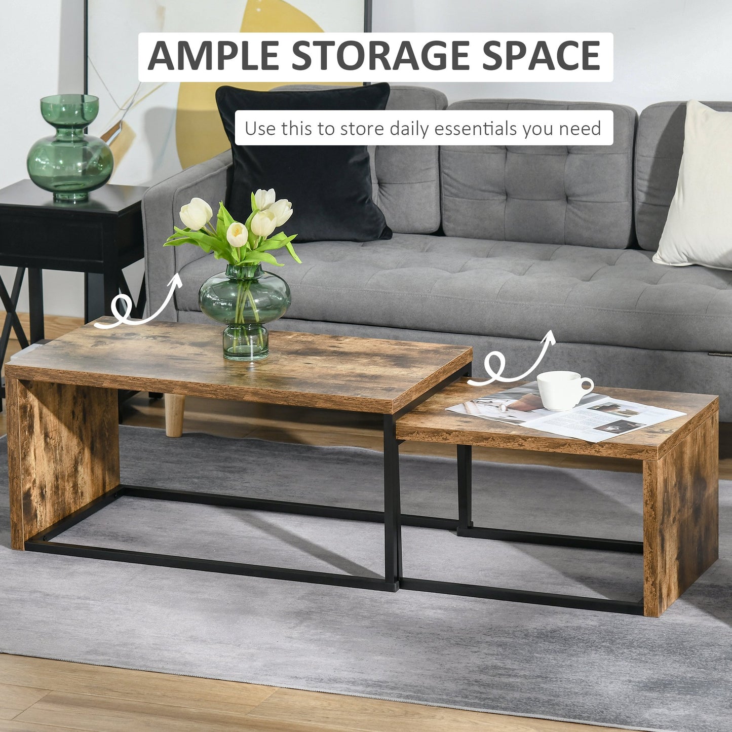 HOMCOM 2 Pieces Coffee Tables Set Industrial Style Side Table Living Room Bedroom