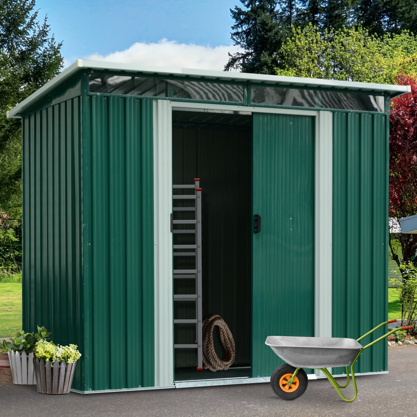 Outsunny 6 x 8ft Corrugated Steel Garden Shed - Green