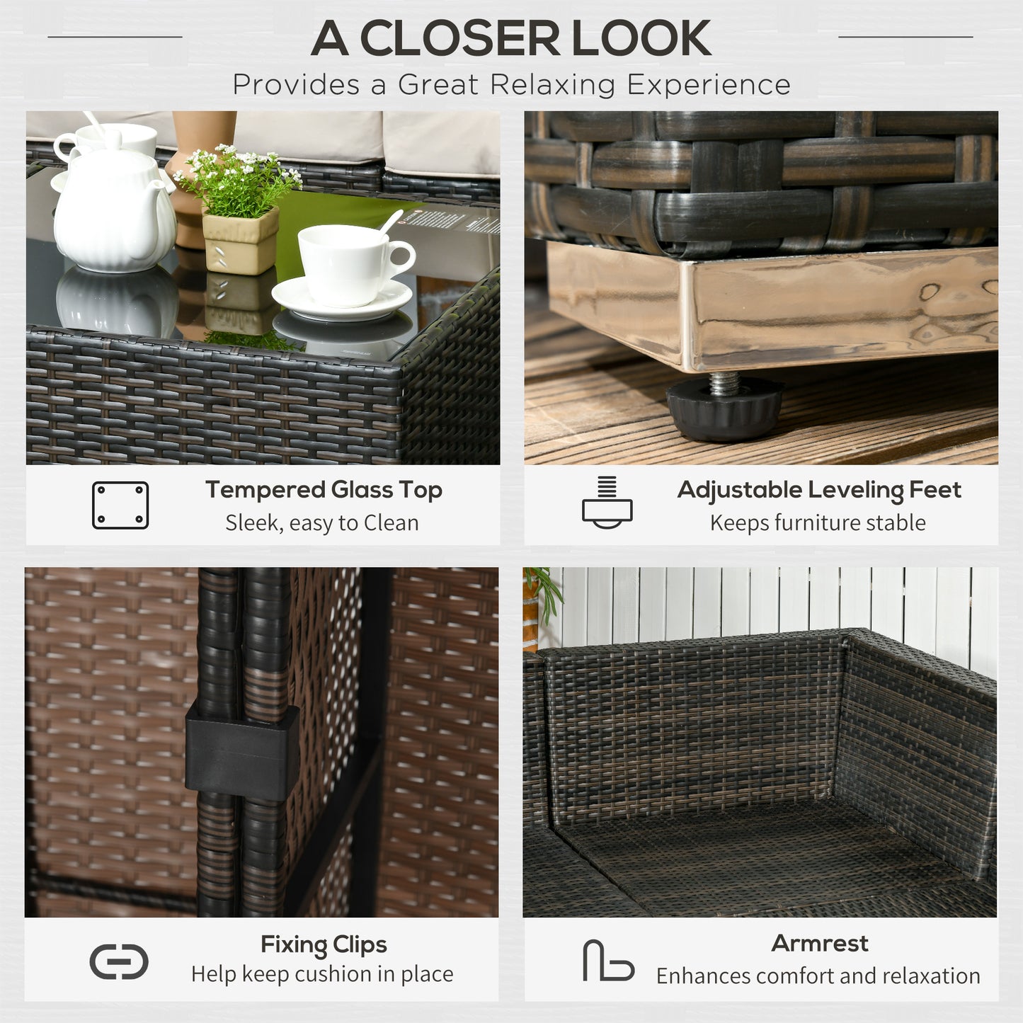 Outsunny 8 Pieces PE Rattan Corner Sofa Set, Outdoor Garden Furniture Set, Patio Wicker Sofa Seater w/ Cushion, Washable Cushion Cover & Tempered Glass Table, Brown