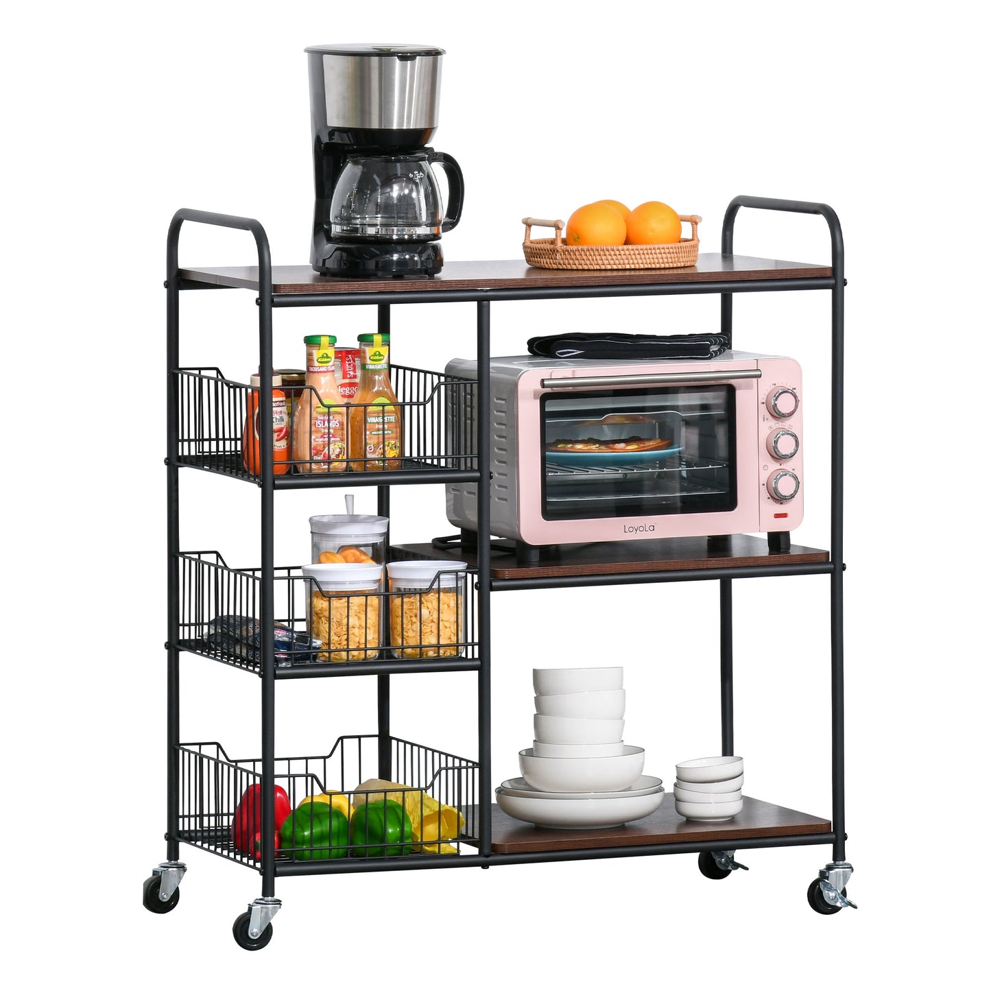 HOMCOM Industrial-Style Kitchen Dining Storage Cart Trolley w/ Shelves Baskets Wheels