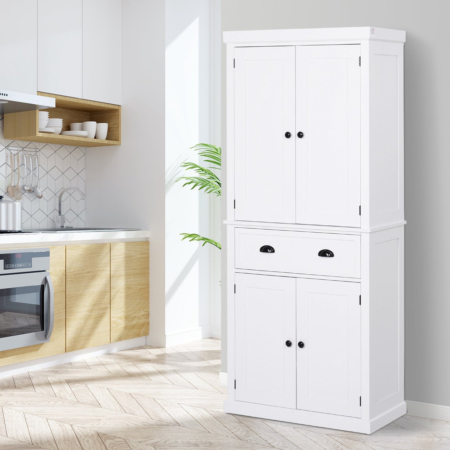 HOMCOM MDF Colonial Freestanding Kitchen Pantry Cabinet White