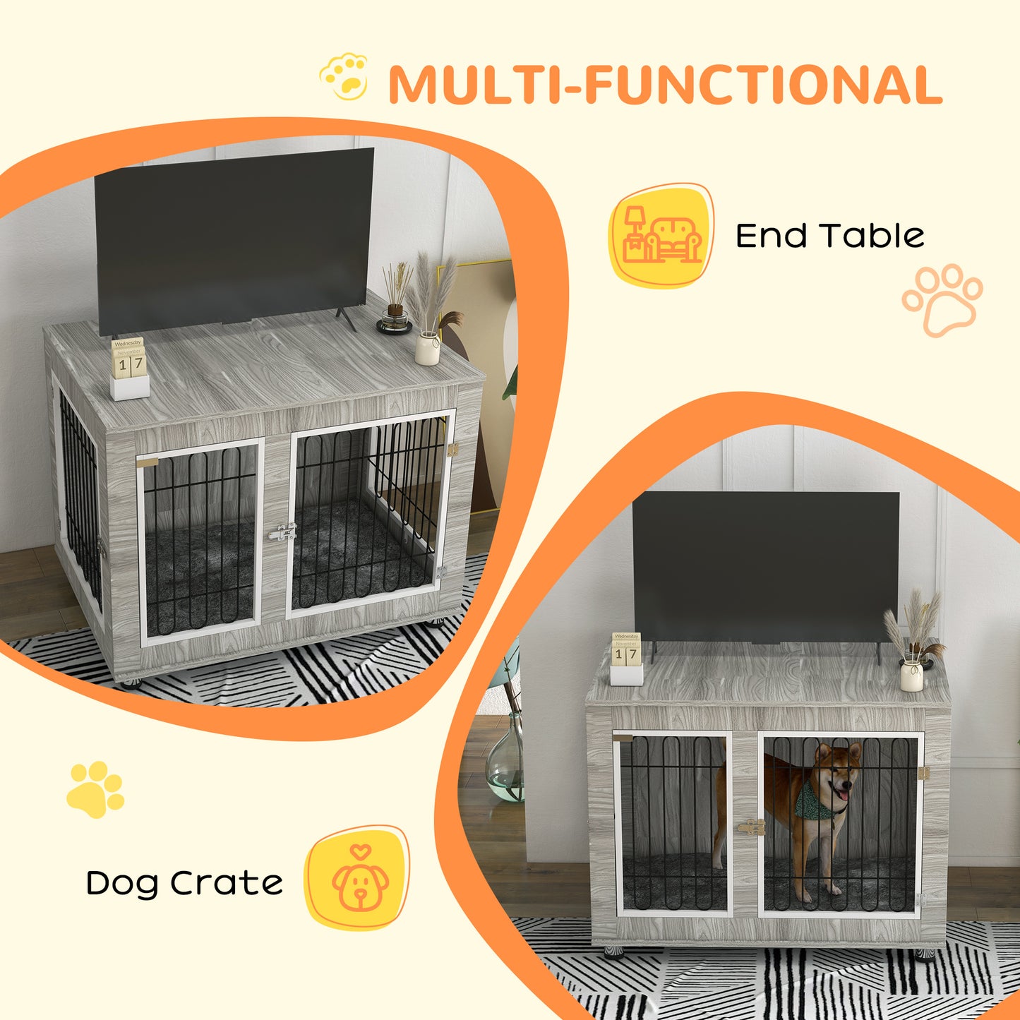 PawHut Indoor Dog Kennel w/ Soft Cushion Double Door for Large Dogs 106 x 74 x 81.5cm Grey