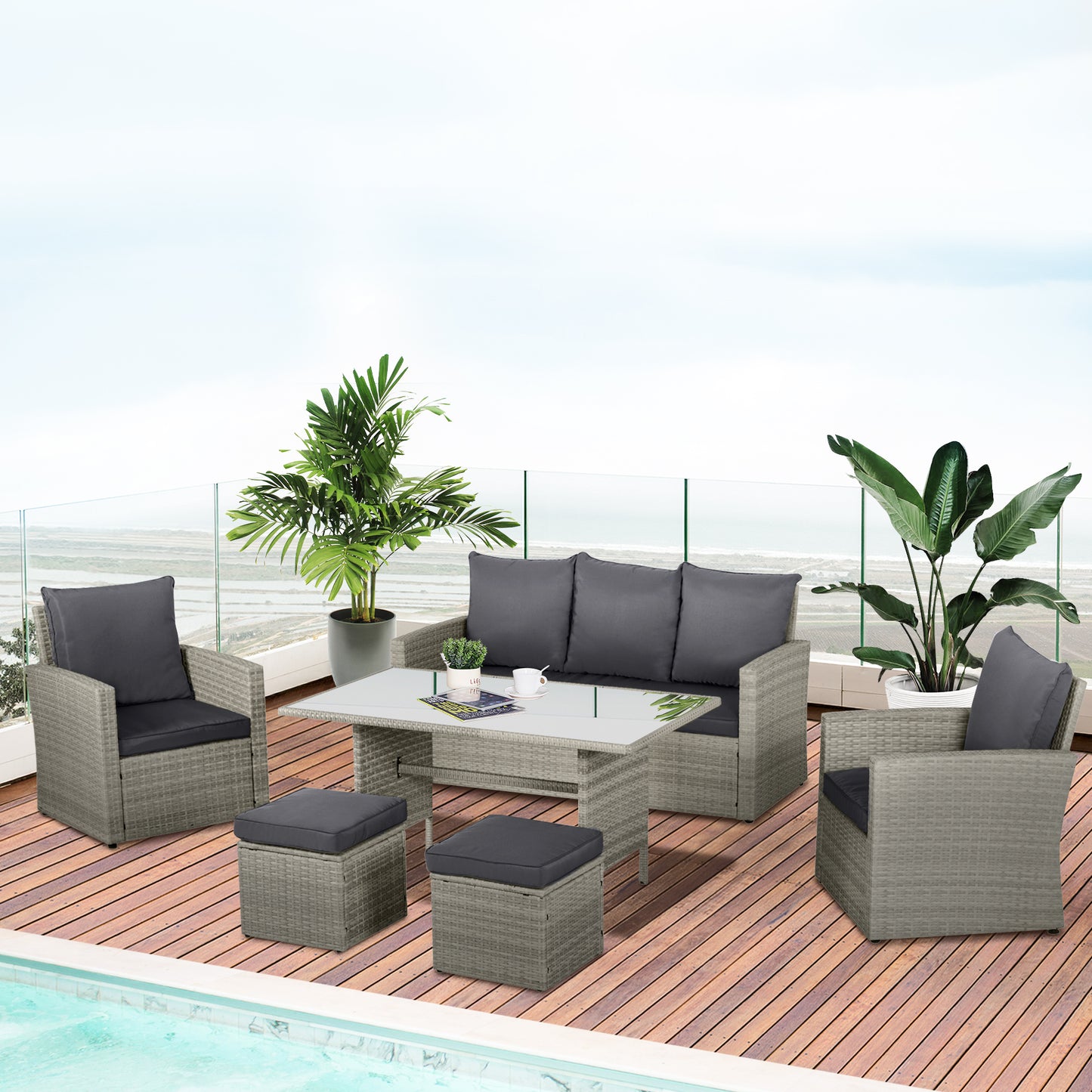 Outsunny 7-Seater Outdoor Patio Dining Table Sets All Weather PE Rattan Sofa Chair Furniture set Indoor Outdoor Backyard Garden with Cushions & Plastic Wood Table Top Mixed Grey Set