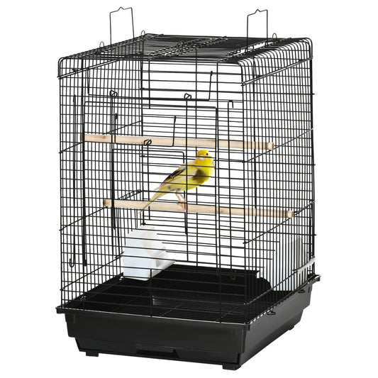 PawHut Steel Bird Cage with Openable Top, Stand, Tray, Handles, Feeding Bowls for Parakeet, Finch, Black