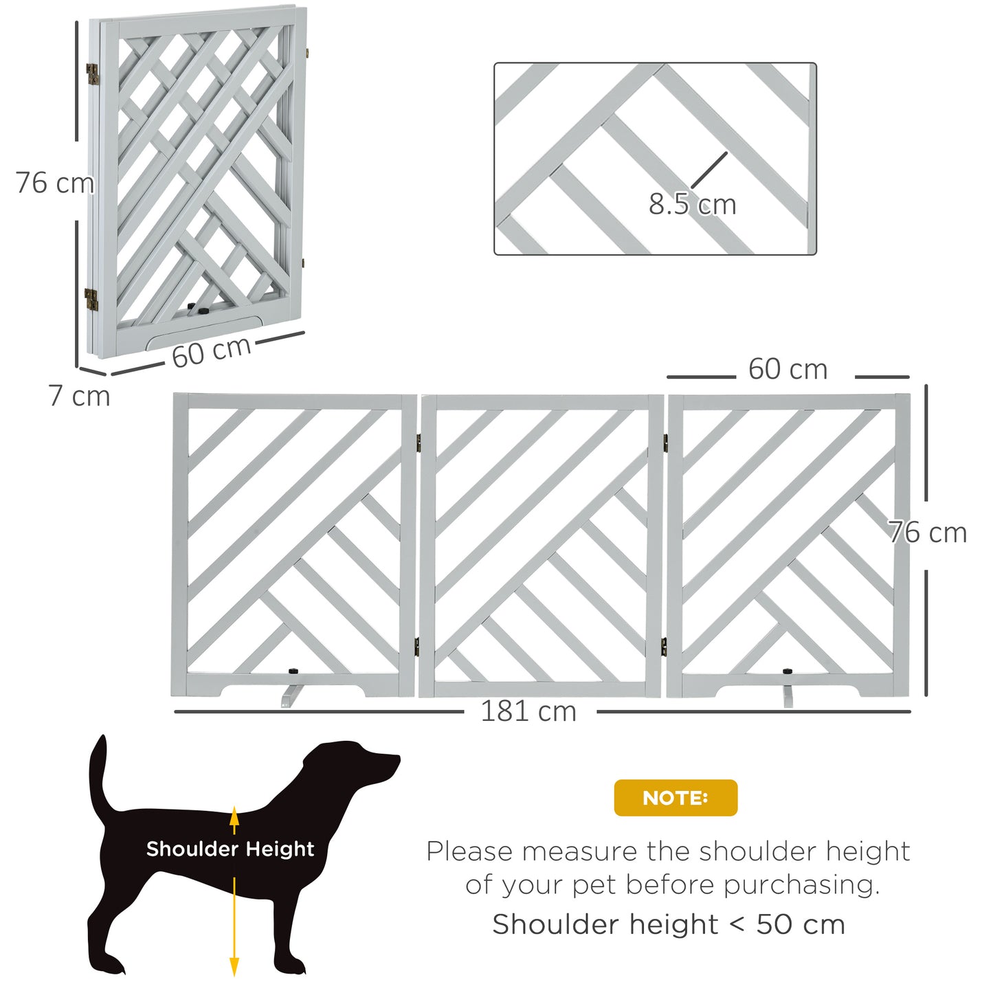 PawHut Dog Gate, Freestanding Pet Gate, Folding Wooden Puppy Fence, Grey