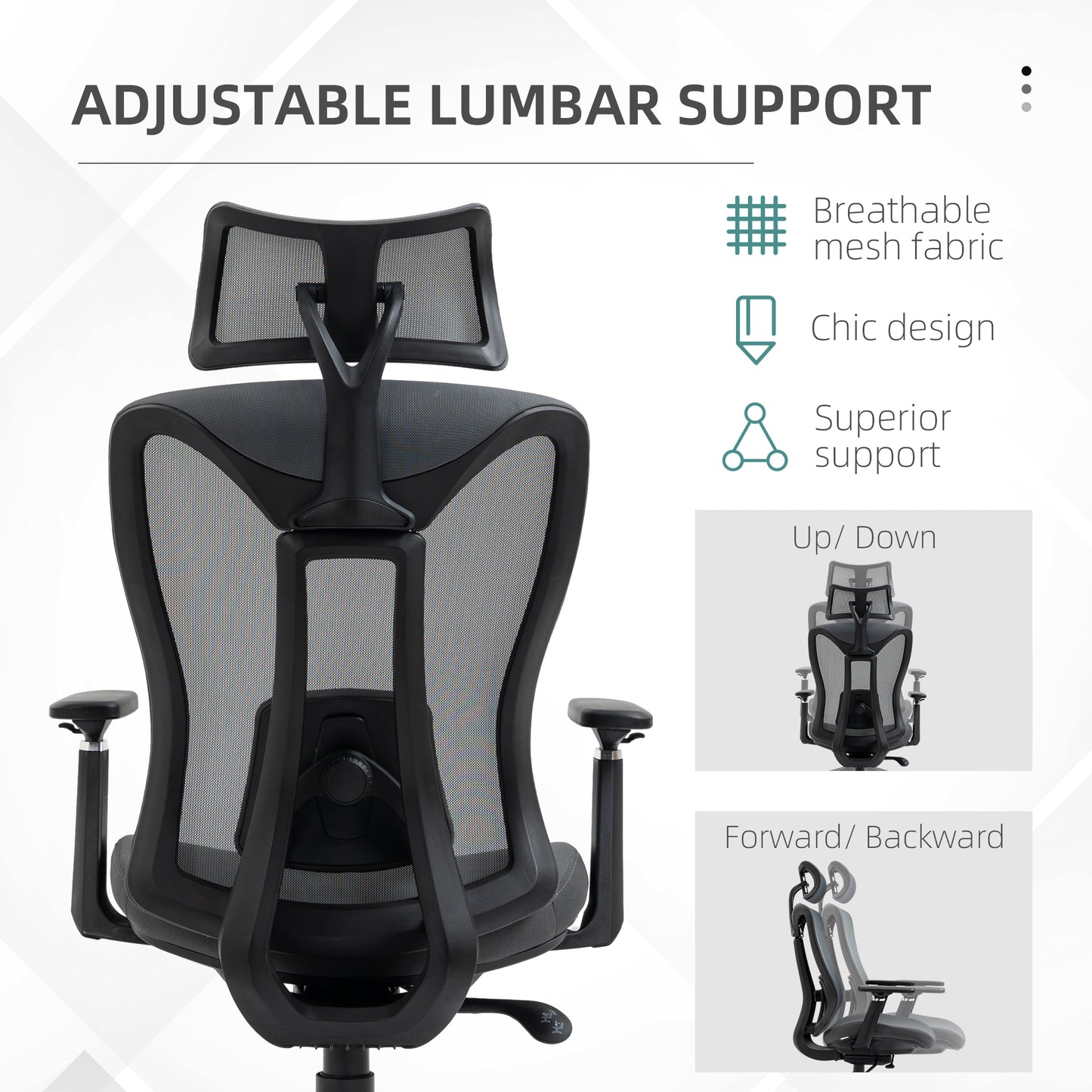 Vinsetto Mesh Office Chair Ergonomic Desk Chair Computer Chair with Adjustable Headrest and Lumbar Support 135° Reclining Back and 3D Armrest for Home Office Study Grey
