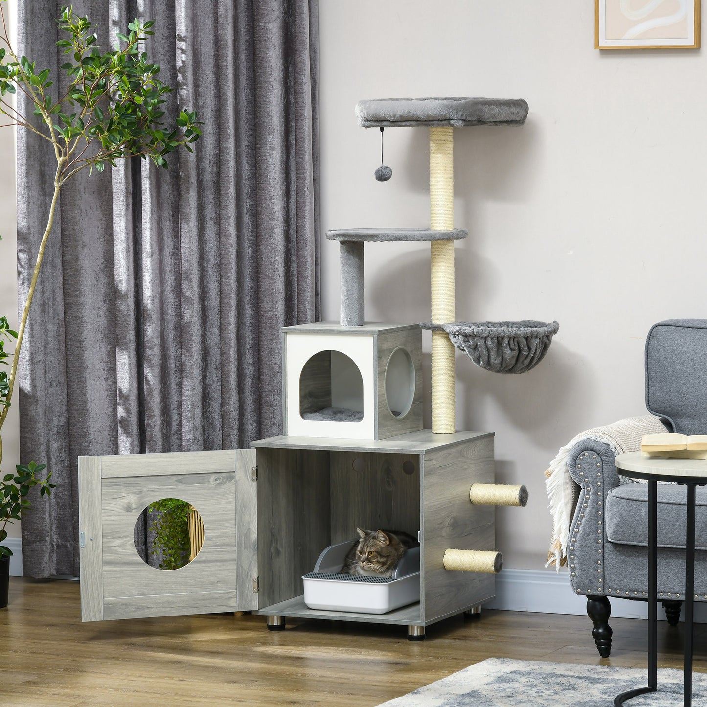 PawHut Enclosed Cat Litter Box with Cat House Cat Bed Scratching Posts Platforms for Indoor Cats Grey
