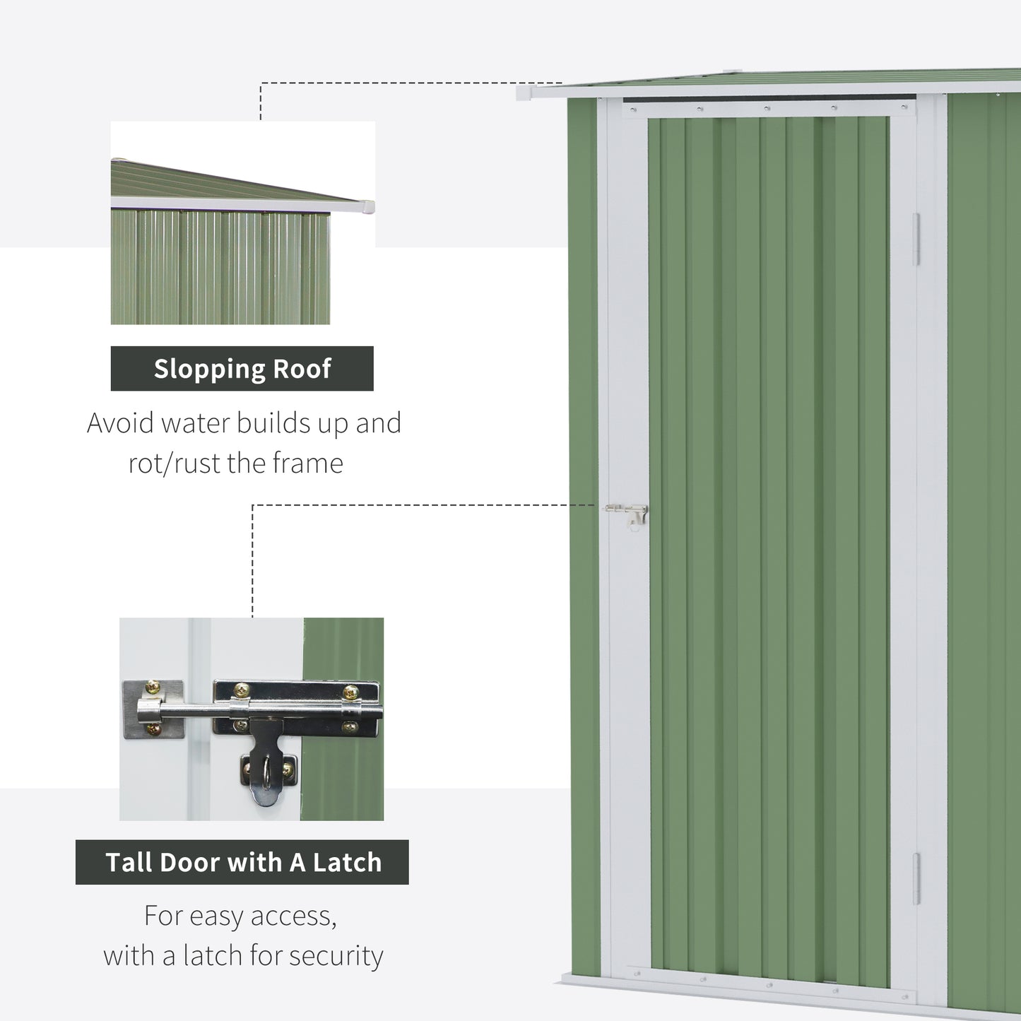 Outsunny Garden Storage Shed, Outdoor Tool Shed with Sloped Roof, Lockable Door for Equipment, Bikes, Light Green, 142 x 84 x 189cm