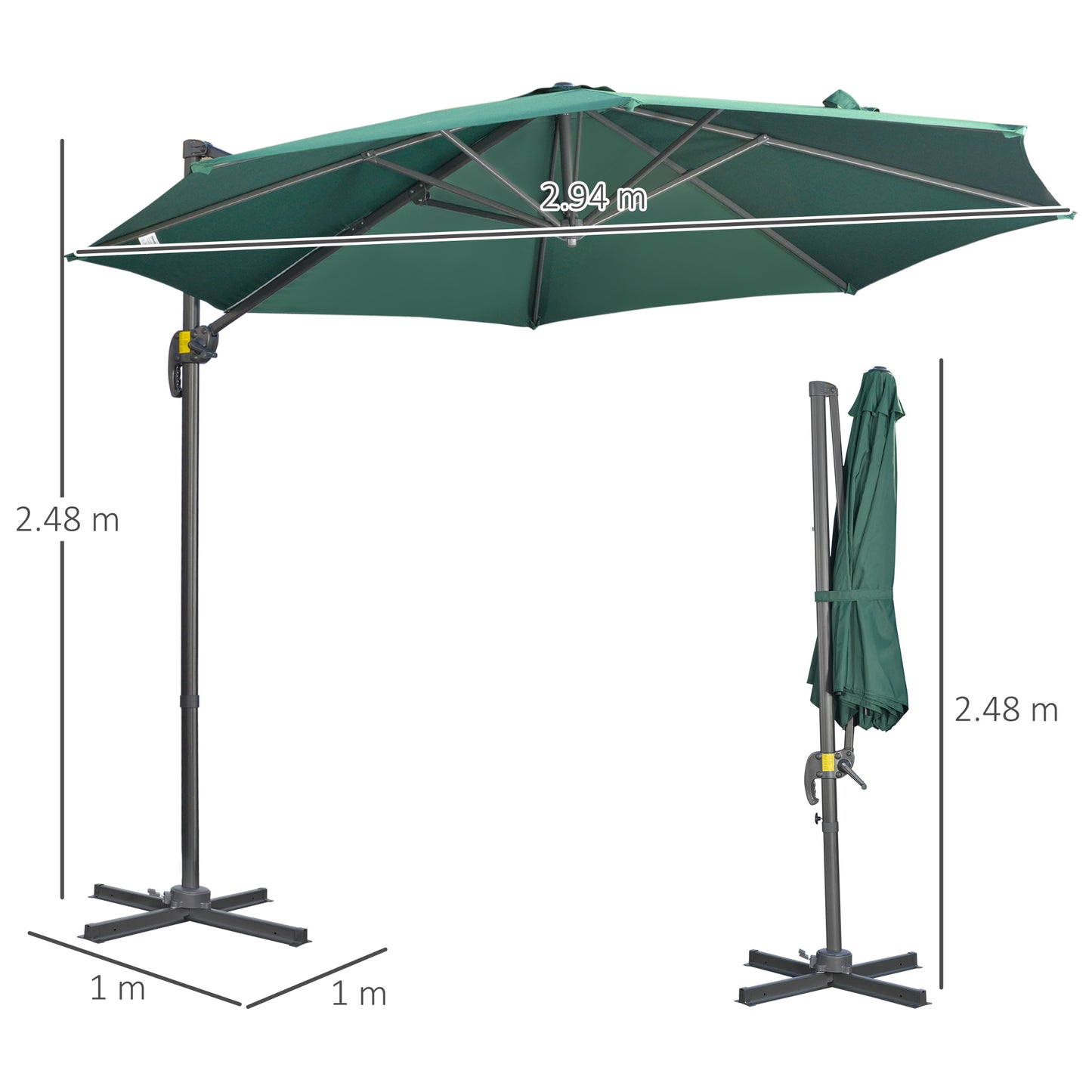 Outsunny 3m 360° Rotating Cantilever Parasol, with Cross Base - Green