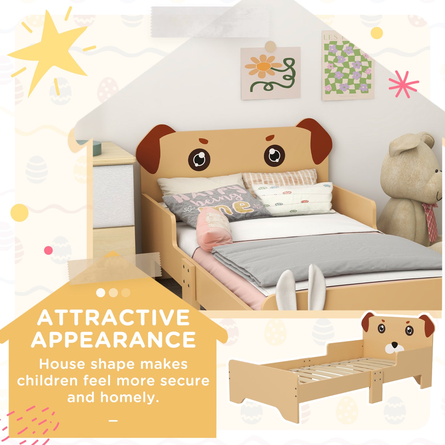 ZONEKIZ Kids Bed for 36 Years Old PuppyThemed Design 143 x 74 x 58 cm Yellow