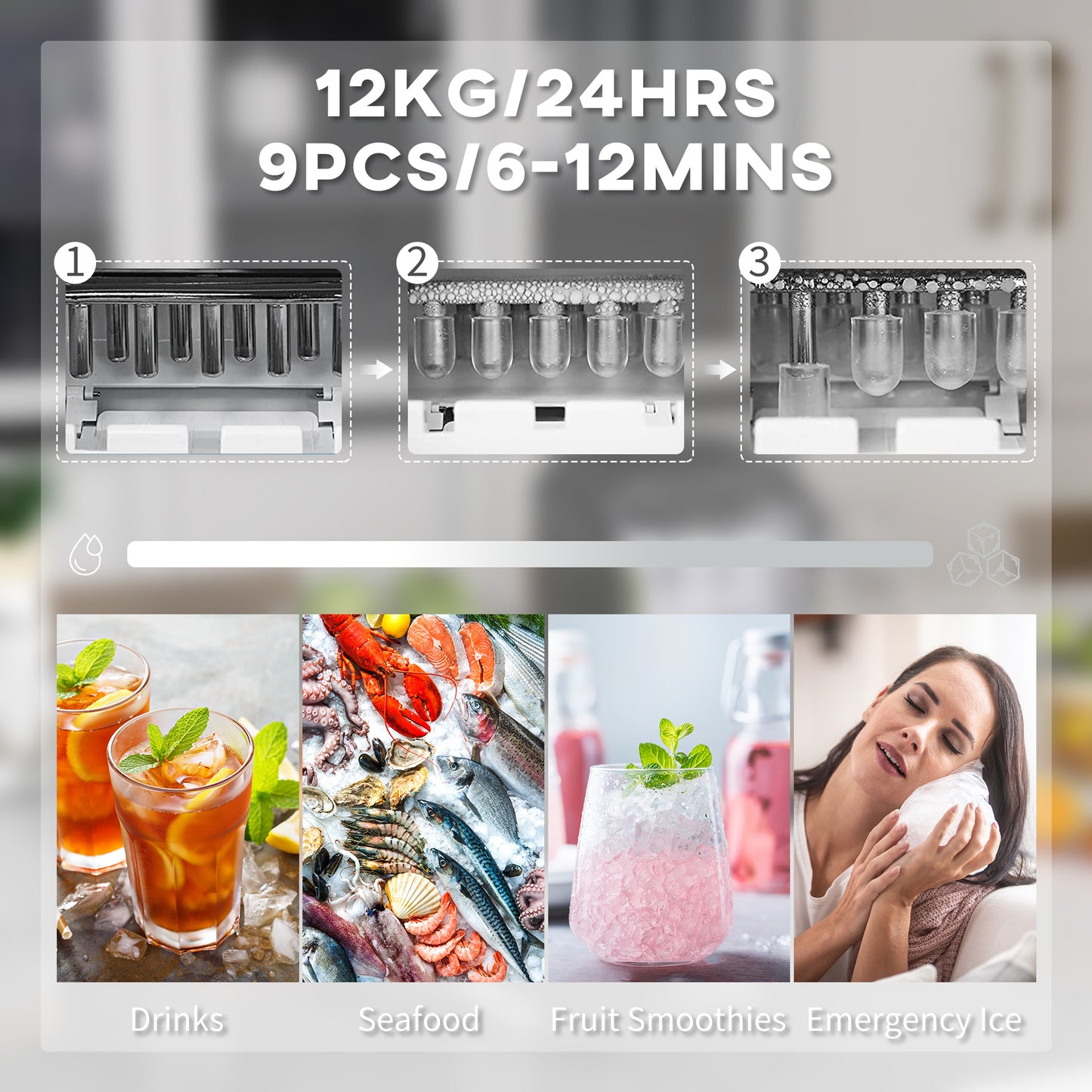 HOMCOM Ice Maker Machine Countertop, 12Kg in 24 Hrs, 9 Cubes Ready in 6-12Mins, Portable Ice Cube Maker with 2 Ice Cube Sizes, Self-Cleaning, Ice Scoop and Basket for Home, Kitchen, Party