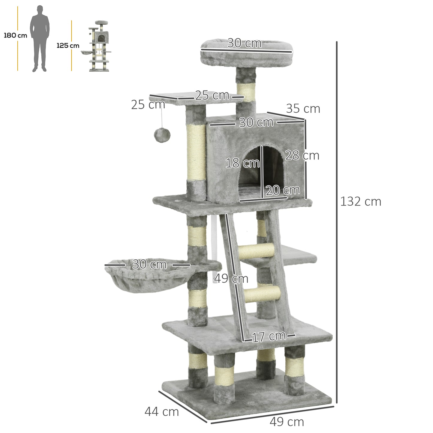 PawHut 132cm Cat Tree with Scratching Post, House, Hammock, Grey