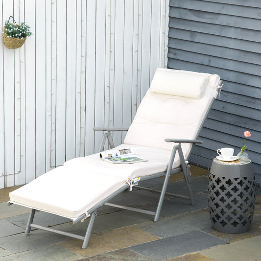 Outsunny Outdoor Patio Sun Lounger Garden Textilene Foldable Reclining Chair Pillow Adjustable Recliner with Cushion - Cream White