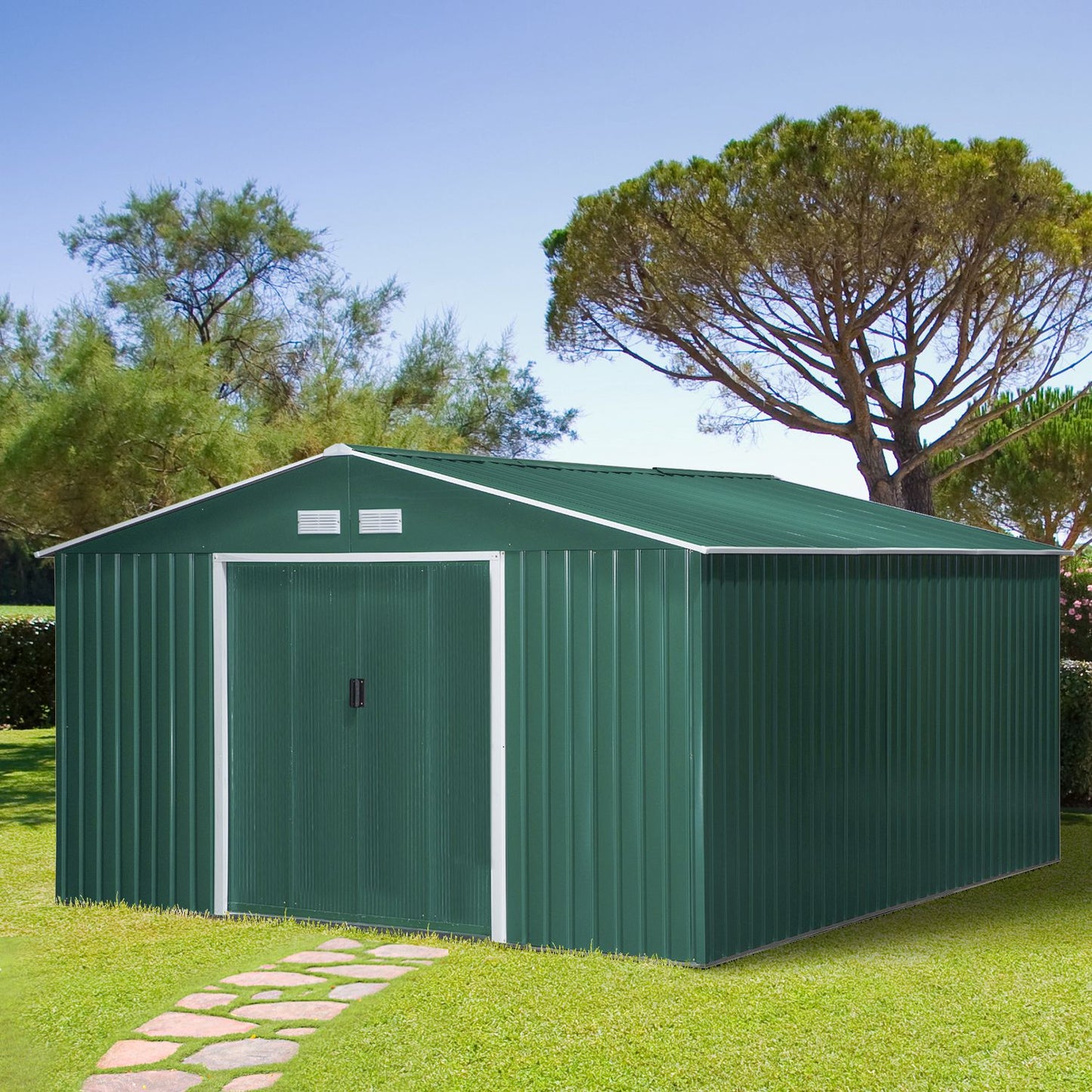 Outsunny 12.5 x 11.1ft Steel Sliding Door Storage Shed - Green