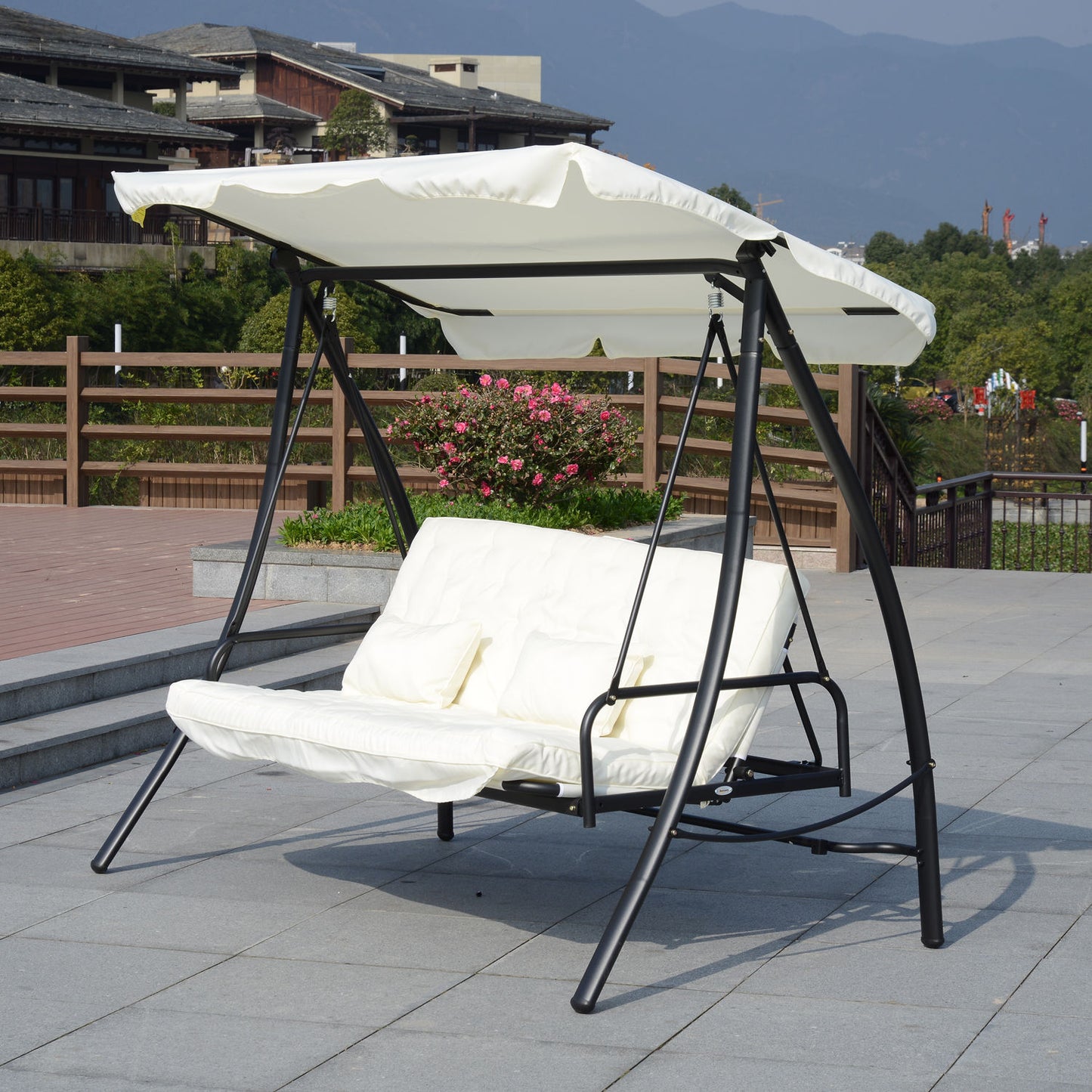 Outsunny 2-in-1 Convertible Swing Chair, 200Lx125Wx170H cm, Steel Frame-Cream White