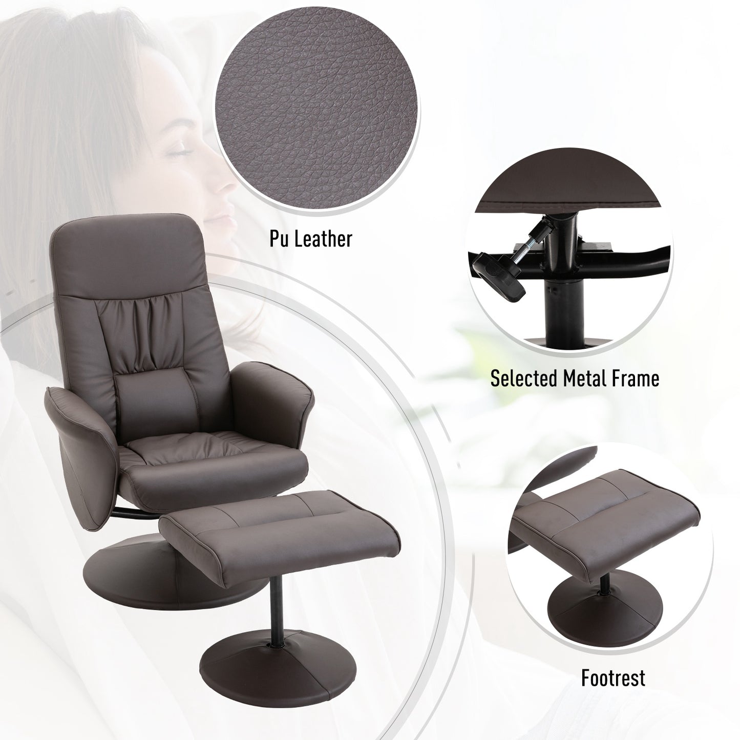 HOMCOM PU Leather Recliner Armchair & Footrest 2 Pcs Duo Set Brown
