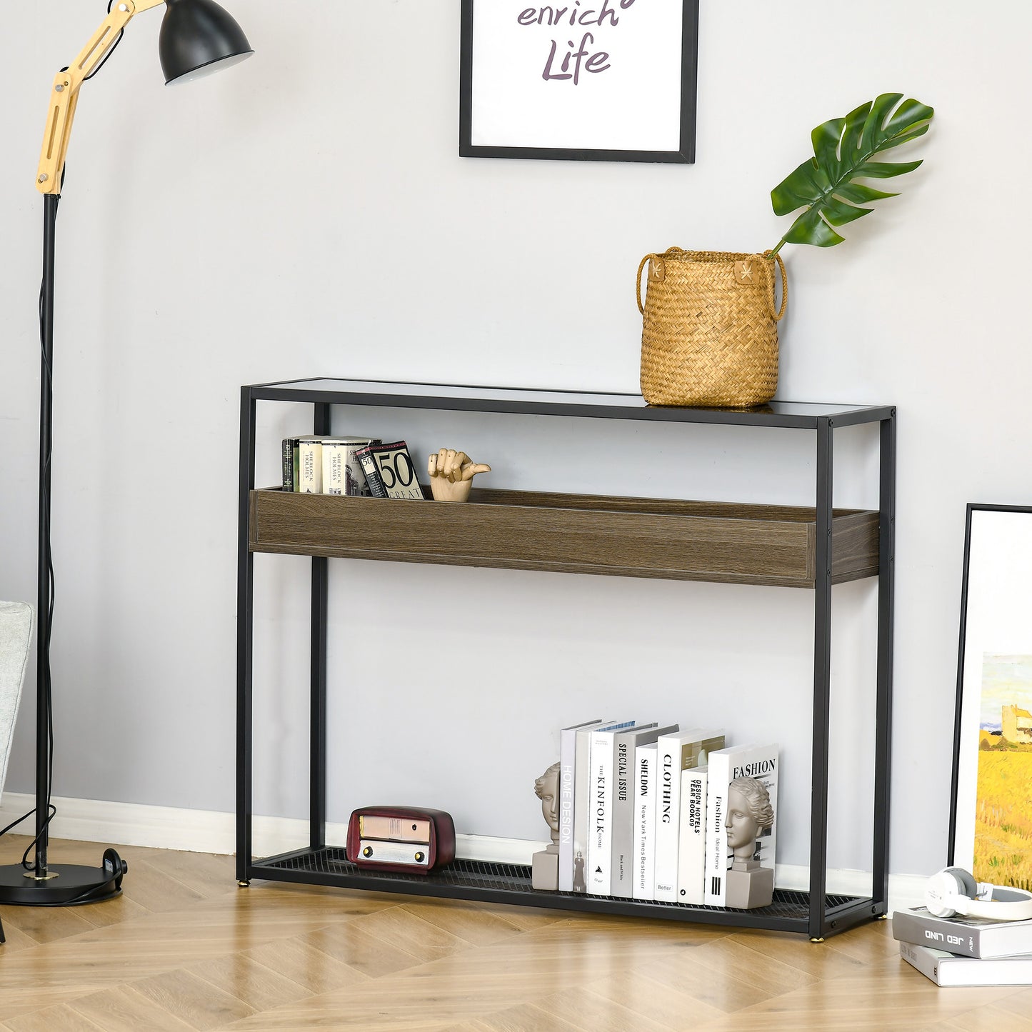 HOMCOM Industrial Style Console Table Sofa Table with Tempered Glass Top Steel Frame