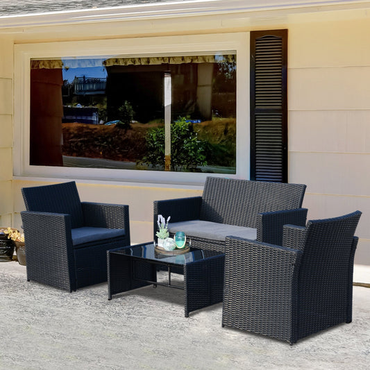 Outsunny 4-Seater Outdoor Garden PE Rattan Sofa Set w/ Coffee Table Black