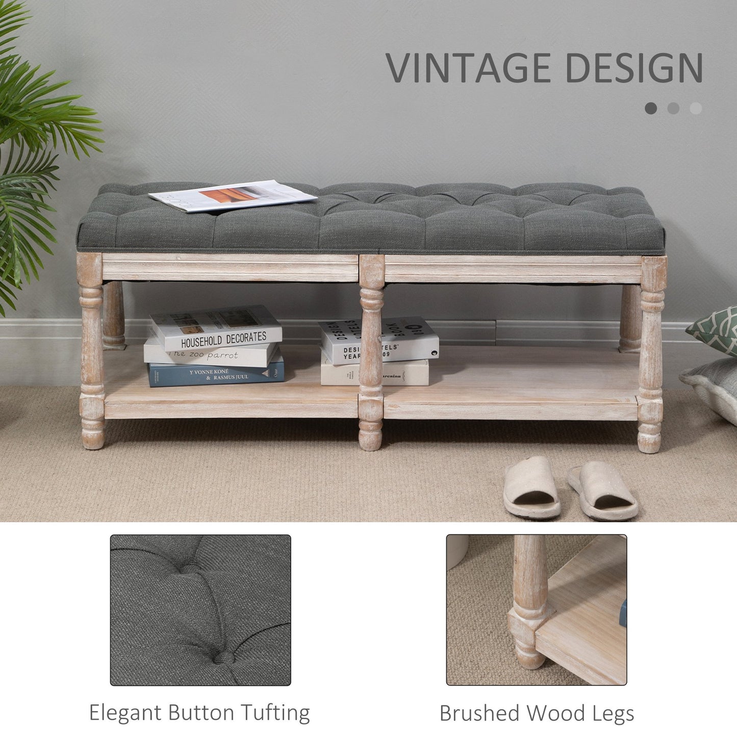 HOMCOM Shoe Rack Bench w/ Button Tufted Seat Cushion for Hallway Bedroom Grey