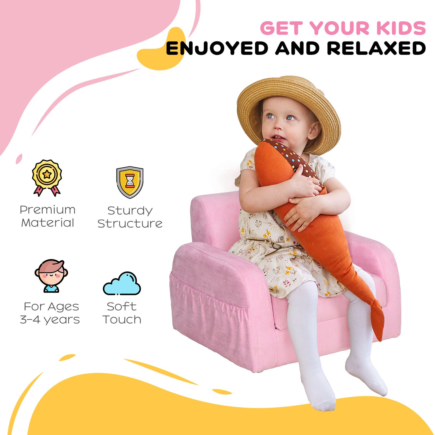 HOMCOM 2in1 Kids Armchair Toddler Sofa Bed with Wood Frame for Bedroom Playroom Pink