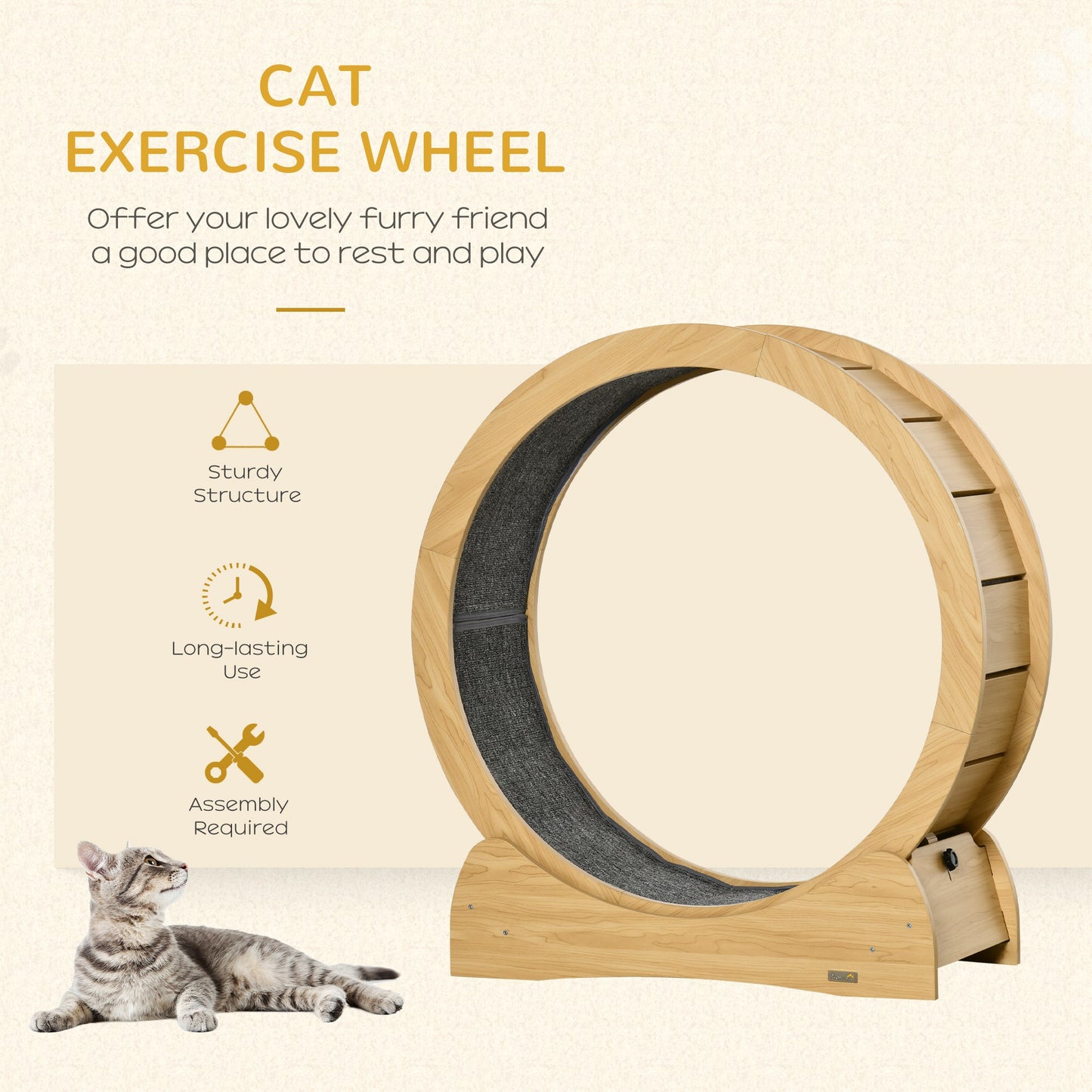 PawHut Cat Treadmill, Wooden Cat Exercise Wheel with Carpeted Runway, Cat Running Wheel with Brake, for Exercise - Natural Wood Finish