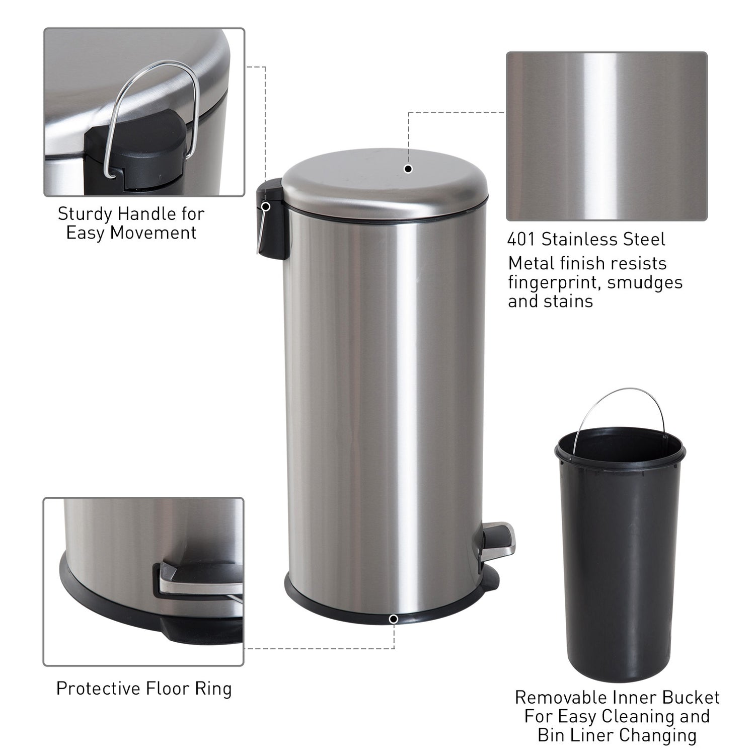HOMCOM Foot Stainless Steel Metal Pedal Bin HOMCOM Foot Stainless Steel Metal Pedal Bin