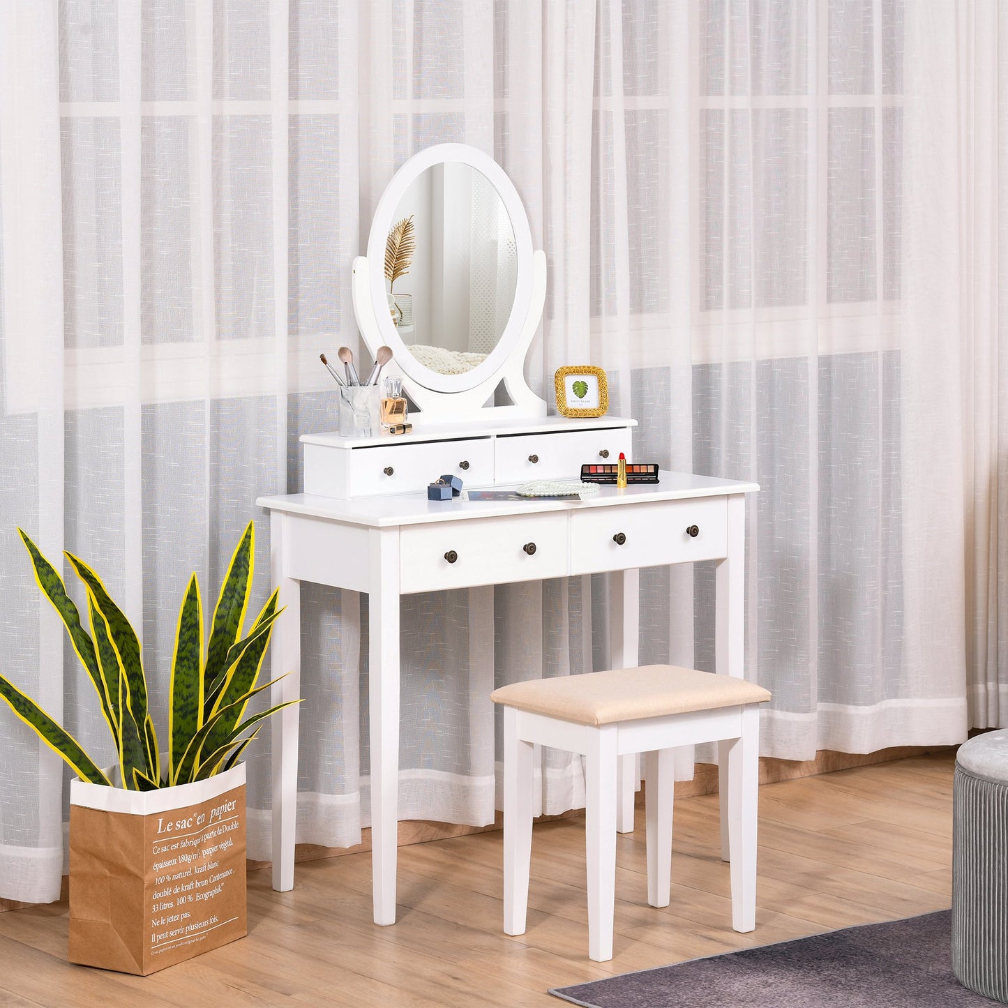 HOMCOM Dressing Table Set with 360° Spin Mirror Cushioned Stool 4 Drawers Makeup Desk