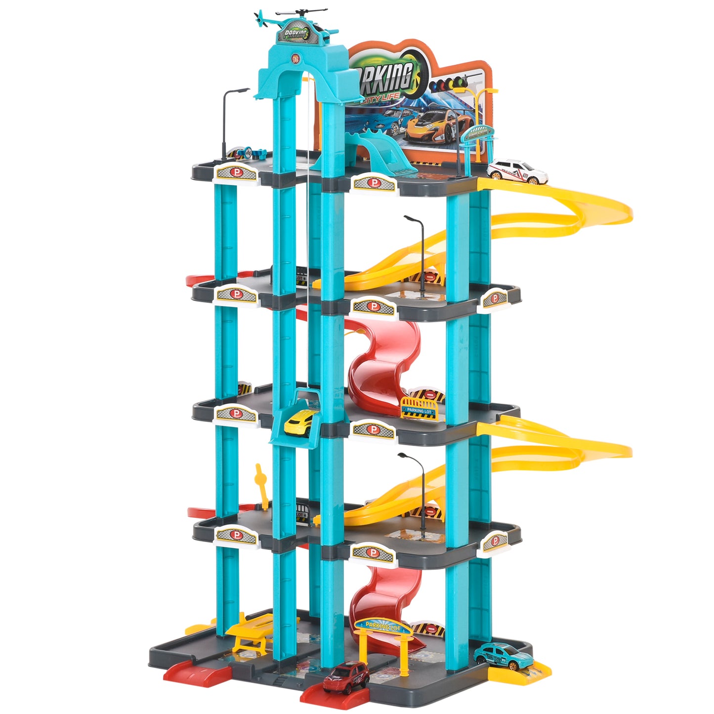 HOMCOM 5-Level Car Parking Garage Toy Race Tracks Car Ramp Set Toddler Car Games