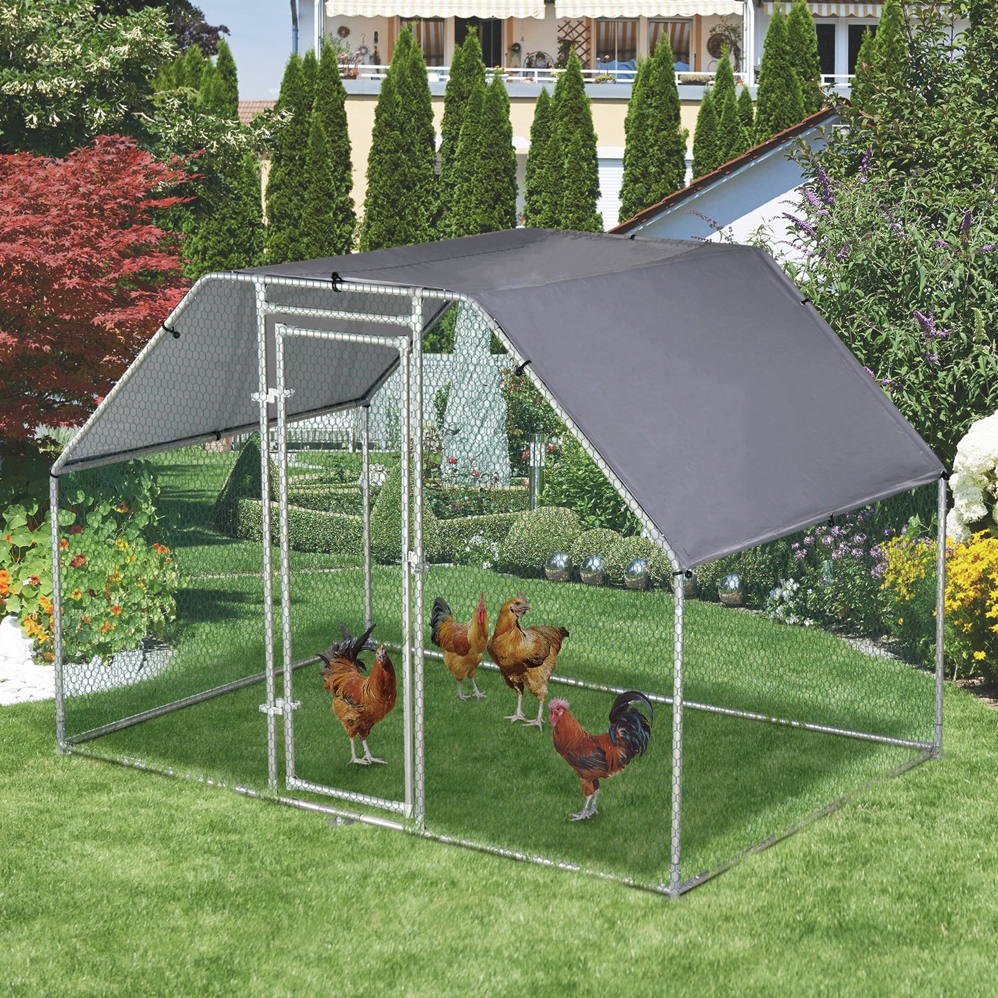 PawHut Large Metal Chicken House Walk-In Chicken Coop Run Cage w/ Cover Outdoor, 280W x 190D x 195H cm