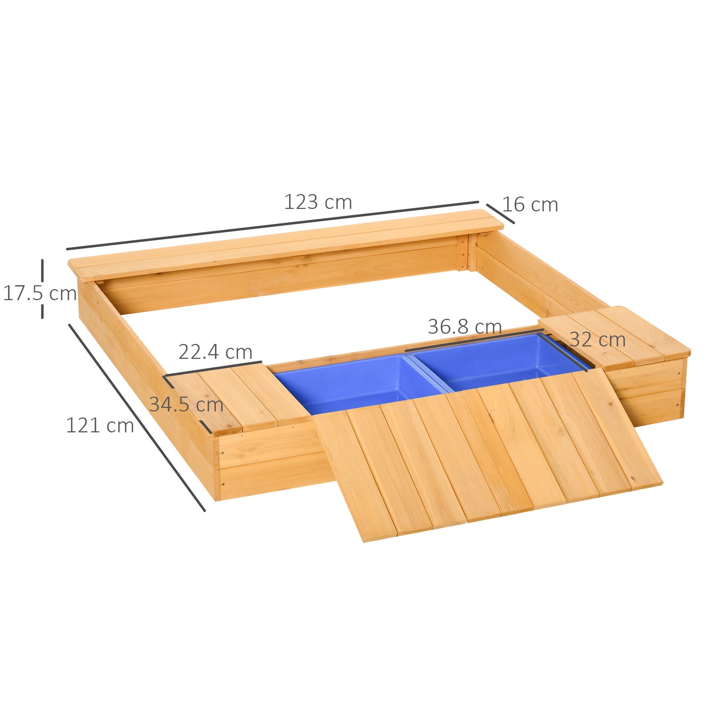 Outsunny Wooden Kids Sandpit Children Outdoor Square Sandbox with 2 Side Buckets Bench