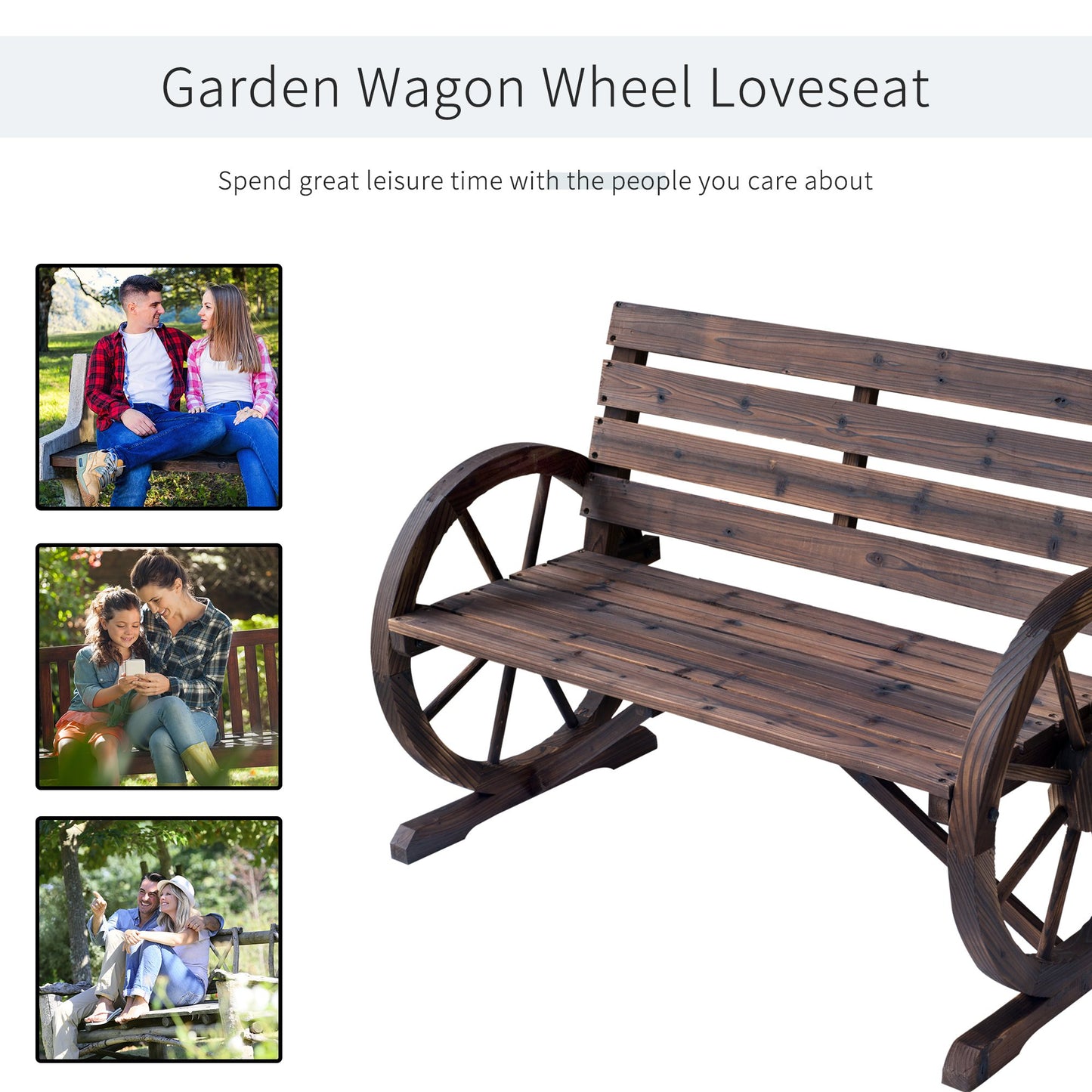 Outsunny Wagon Wheel Chair Bench Armrest Rustic Loveseat Wood Outdoor Garden