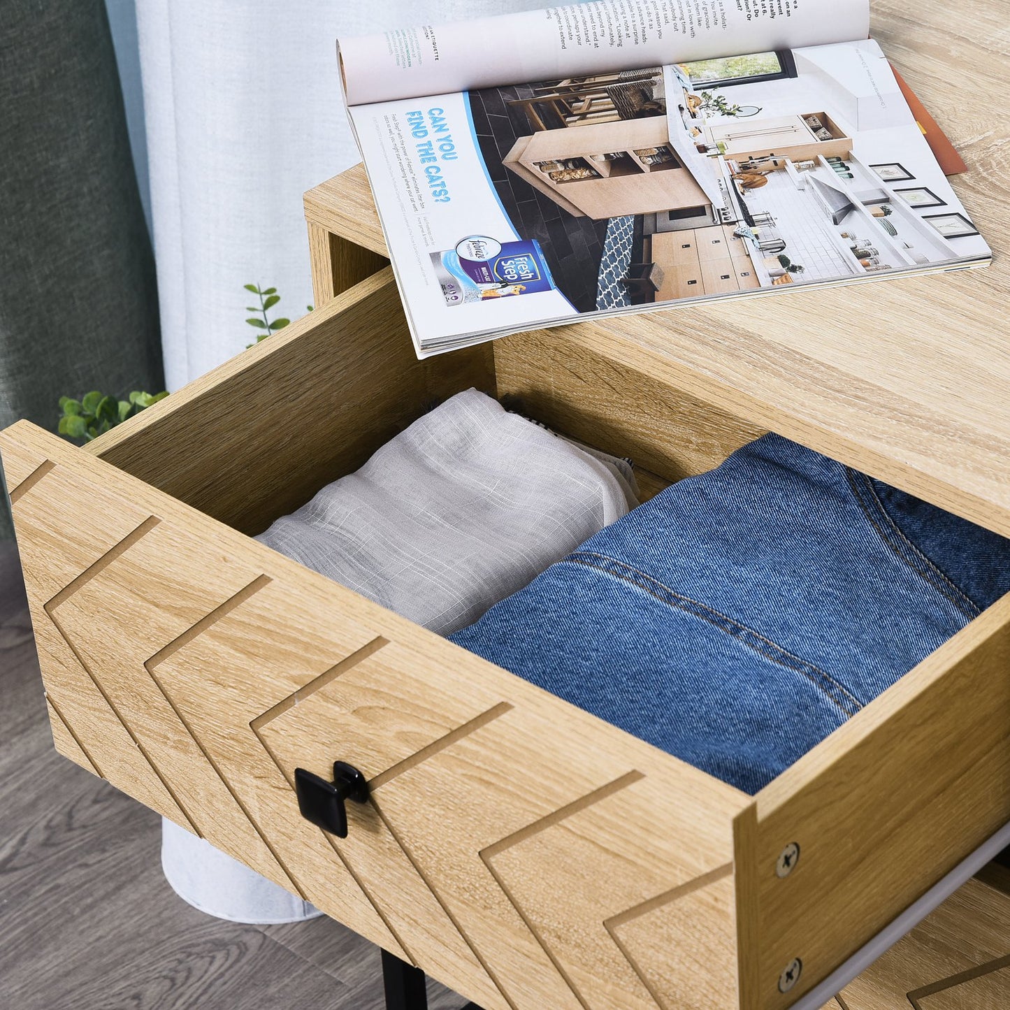 HOMCOM Bedside Table 2 Drawer Unit  Zig Zag Design Nightstand w/ Black Metal Handles Melamine Finish