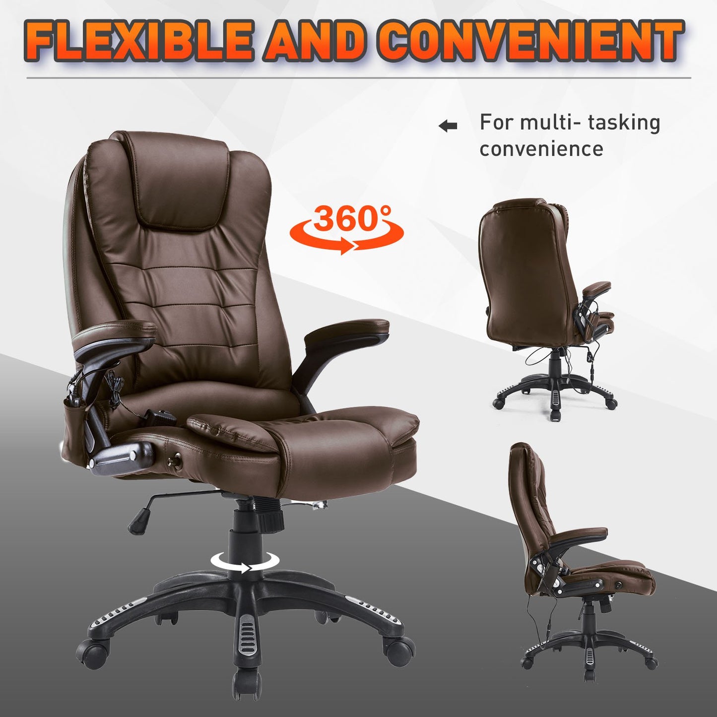 HOMCOM PU Leather Office Chair W/Massage Function, High Back-Brown