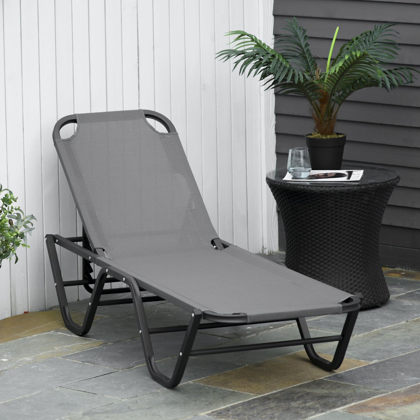 Outsunny Sun Lounger Relaxer Recliner w/ 5-Position Adjustable Backrest Pool Sun Bathing-Grey
