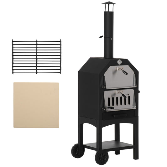Outsunny Outdoor Garden Pizza Oven Charcoal BBQ Grill 3-Tier Freestanding w/Chimney, Mesh Shelf, Thermometer Handles, Wheels Garden Party Gathering Stainless Steel Cooker