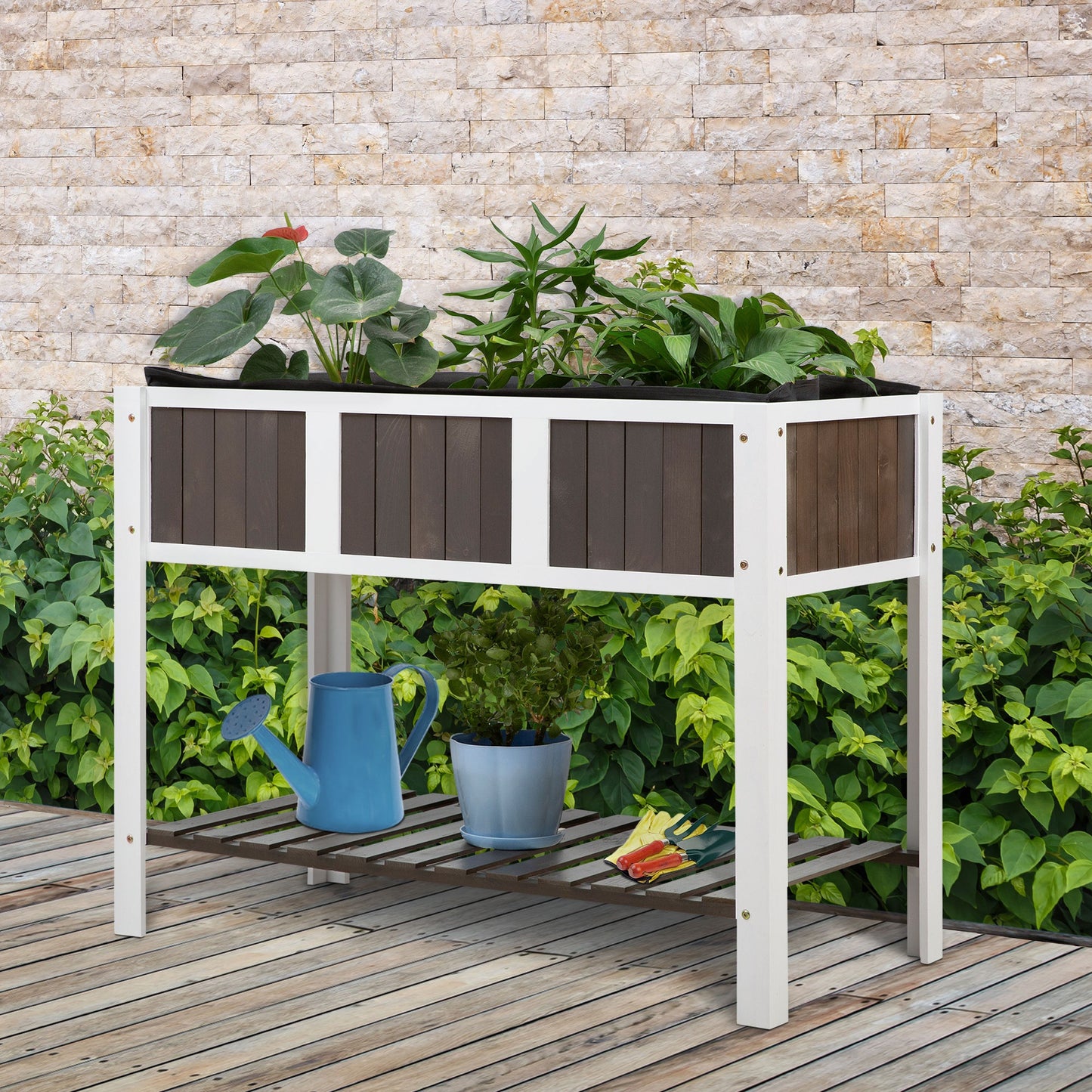 Outsunny Wooden Planter Raised Elevated Garden Bed with Shelf Solid Wood Outdoor/Indoor