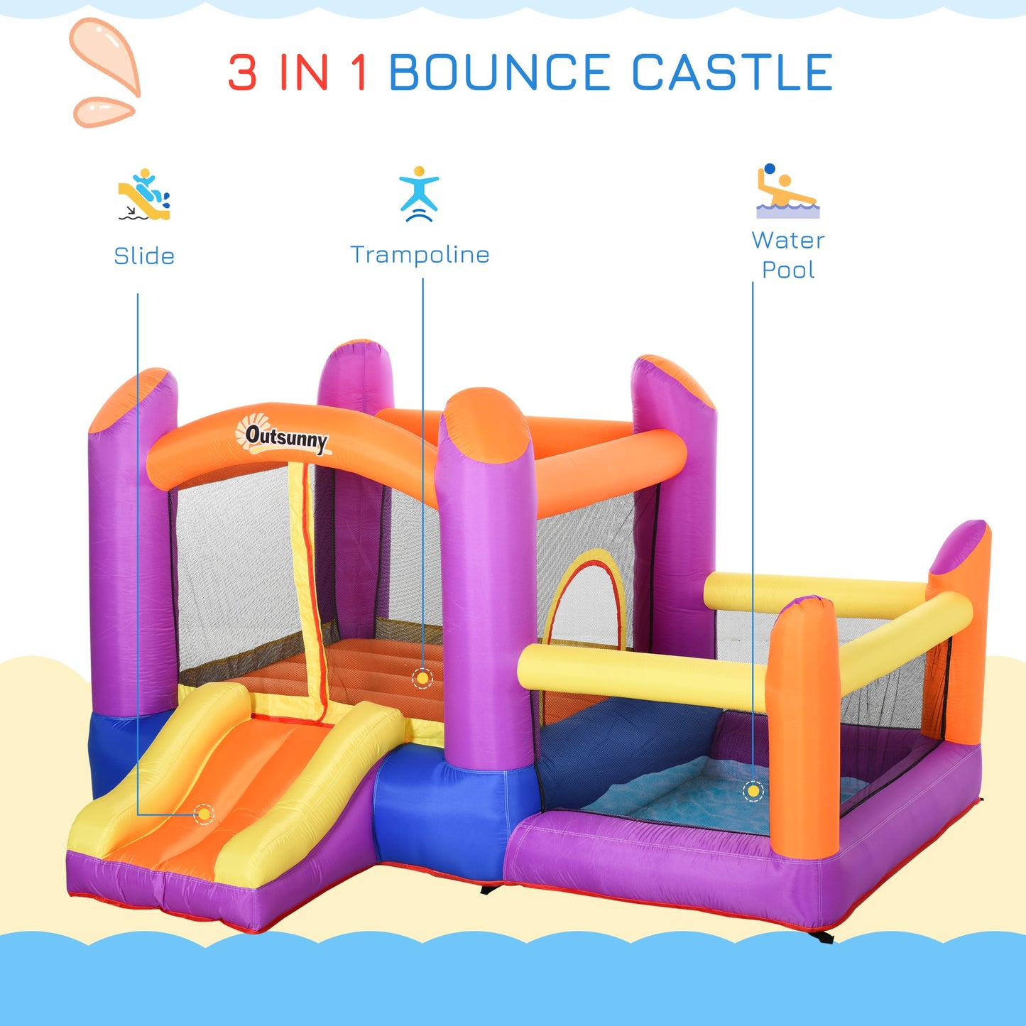 Outsunny Bounce Castle Inflatable Trampoline Slide Pool with inflator 3 x 2.8 x 1.7m