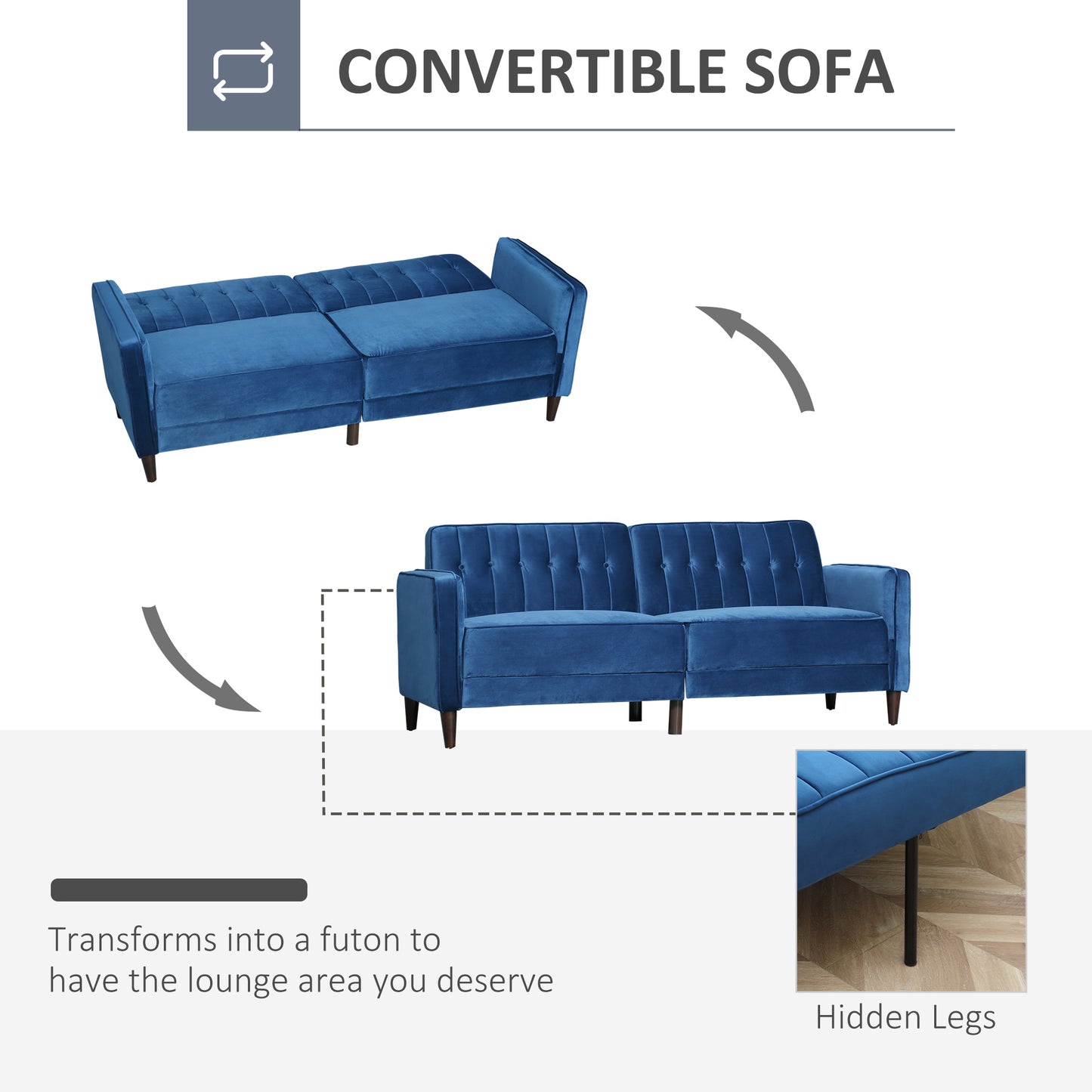 HOMCOM Modern Convertible Sofa Futon Velvet-Touch Tufted Couch Compact Loveseat Sleeper Sofa Bed, Blue