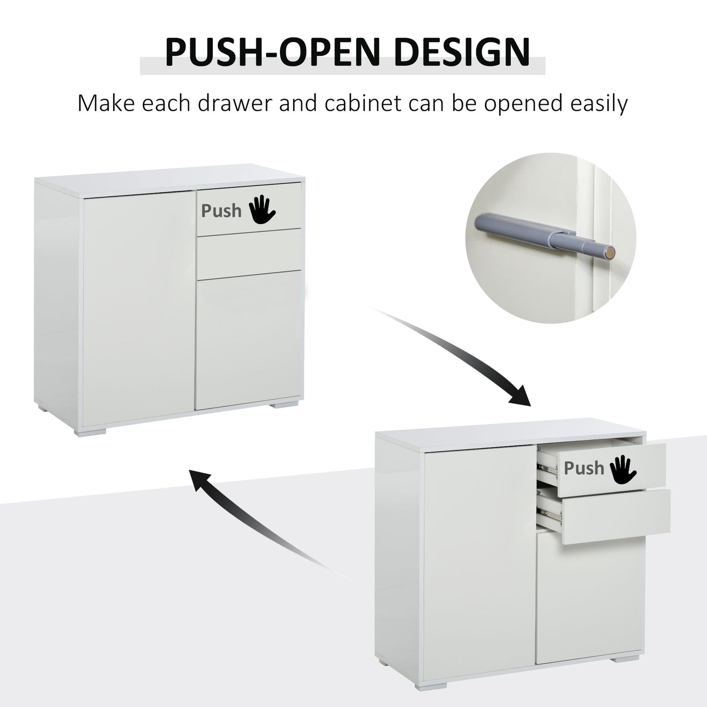 HOMCOM Push-Open Cabinet with 2 Drawer 2 Door Storage Cabinet for Home Office White