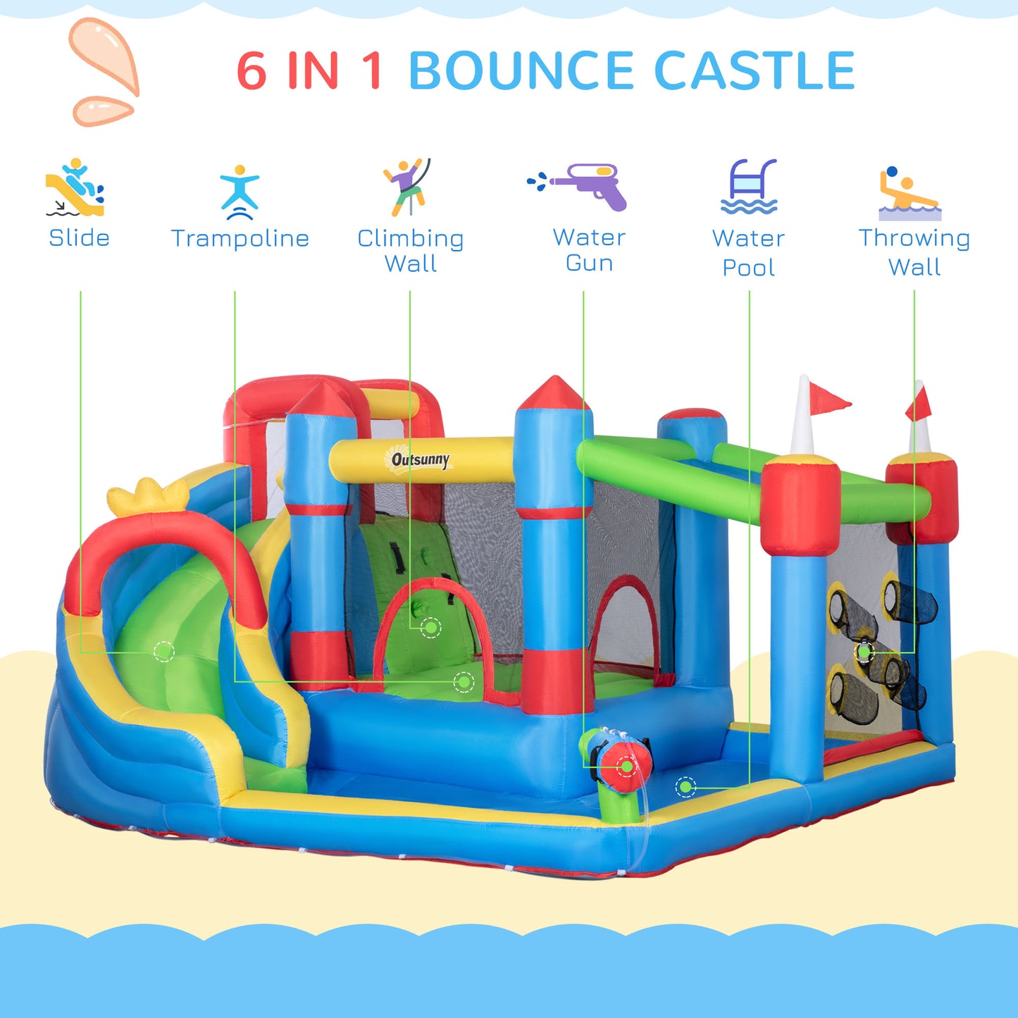 Outsunny 5 in 1 Kids Bounce Castle Large Castle Style Inflatable House Slide Trampoline Pool Water Gun Climbing Wall