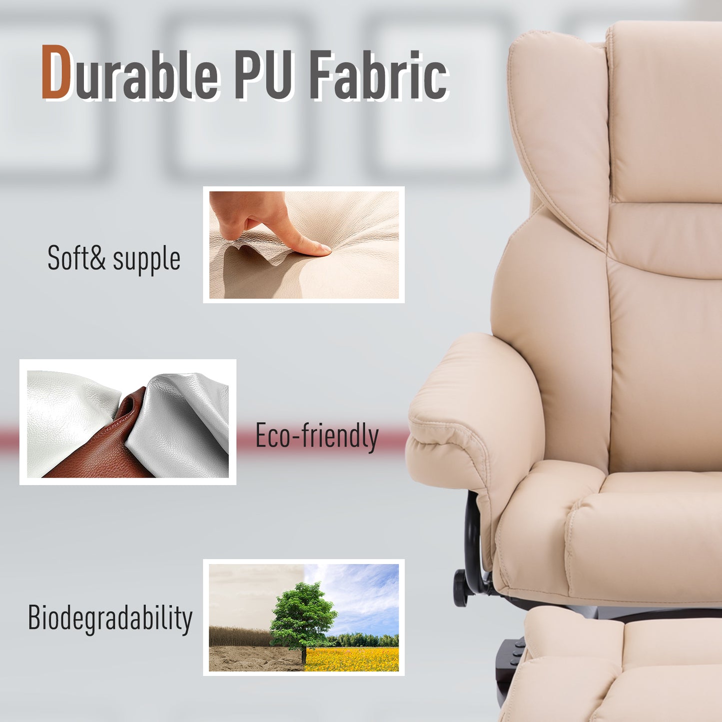 HOMCOM PU Leather Reclining Chair Manual Reclining Armchair with Footstool Beige