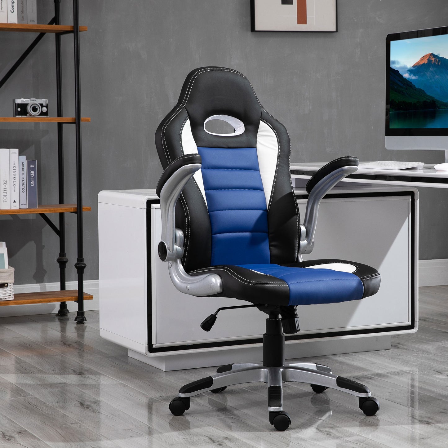 HOMCOM PU Leather Racing Office Chair-Black/Blue/White