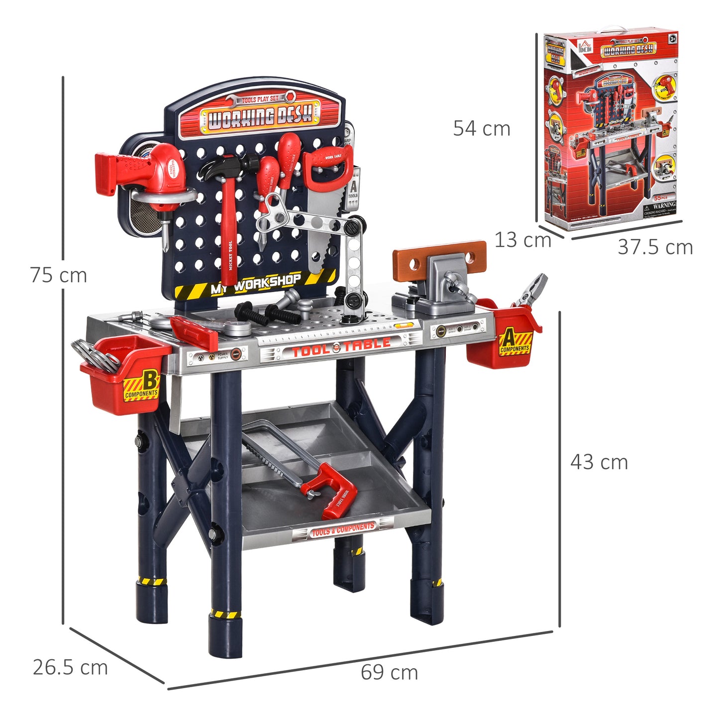 HOMCOM 55 PCS Kids Workbench Tool Workshop w/ Shelf Storage Box for 3-6 Years Old